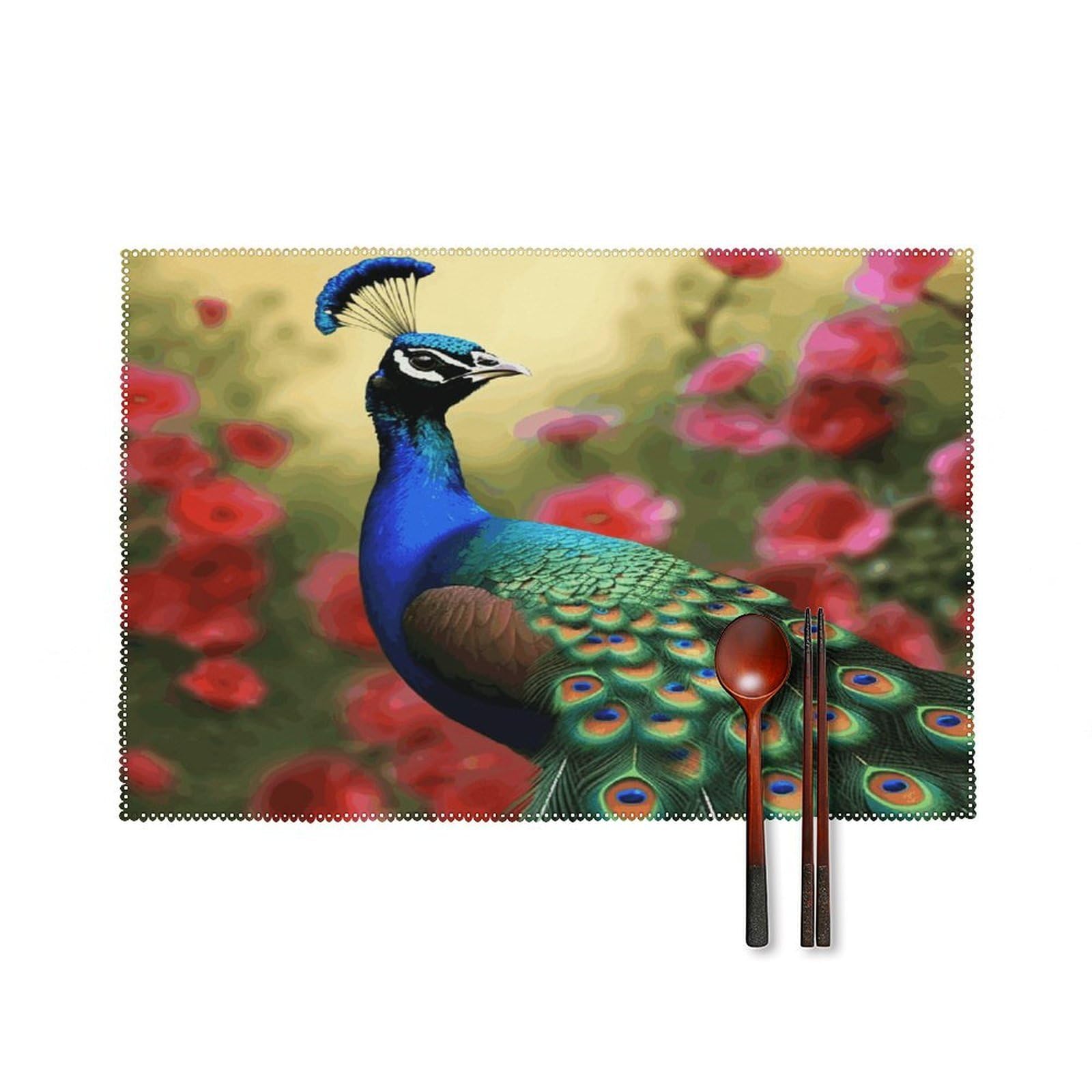Peacock Flowers Placemats Set of 4 Heat Resistant Non-Slip Place Mats Reusable Dining Table Mats Canvas Place Mat Anti-Fading Waterproof Placemats for Dining Table Decor