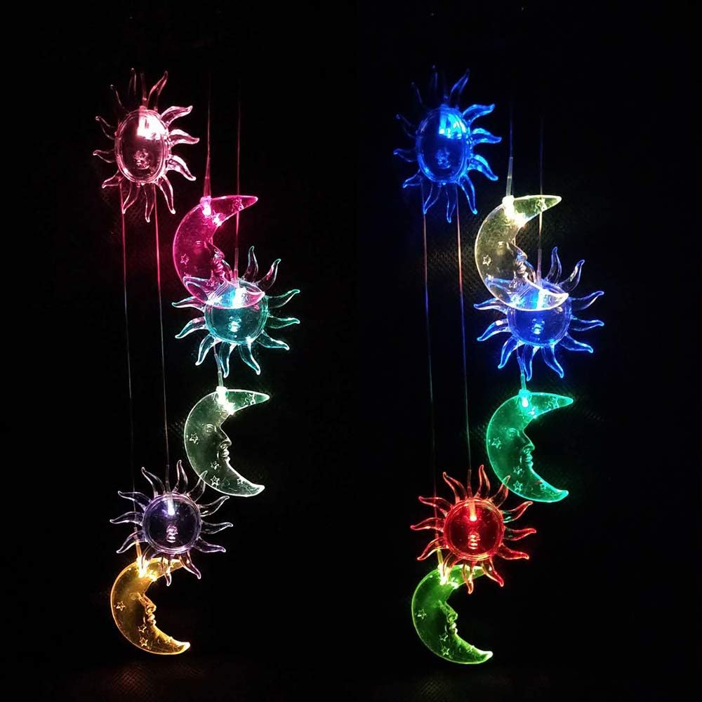 CXFF LED Solar Sun and Moon Wind Chimes Outdoor - Waterproof LED Changing Light Color Wind Chime, Six Suns and Moons Wind Chimes for Home, Party, Night Garden Decoration