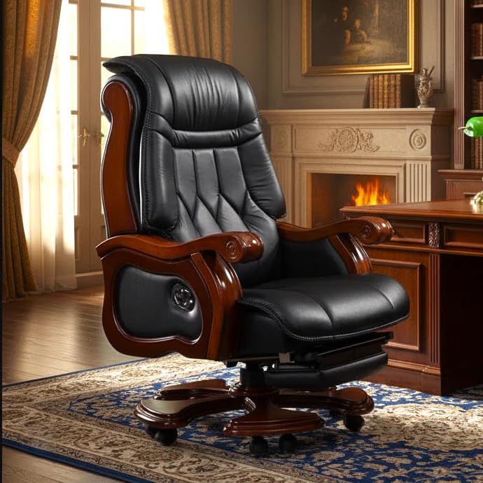 Image of Lakdi The Furniture High-Back Pure Leather Office Chair with Recliner, Swivel, Adjustable Height, Armrests, and Lumbar Support for Boss /Director & Executive - 111011282 BLK PL
