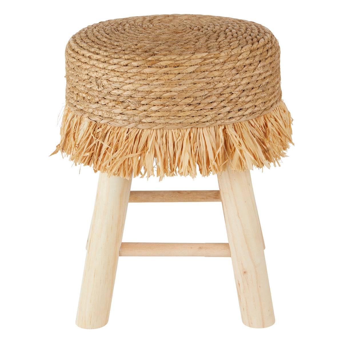 Atmosphera - Tabouret Bohème Gimpo - Beige - D 30 x H 40 cm - Pieds en Bois, Assise Tressée à Franges - pour Salon, Chambre, Entrée