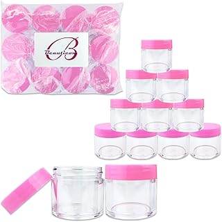 Beauticom 12 Piece 1 oz. USA Acrylic Round Clear Jars with Flat Top Lids for Creams, Lotions, Make Up, Cosmetics, Samples, Herbs, Ointments (12 Pieces Jars + Lids, PINK)