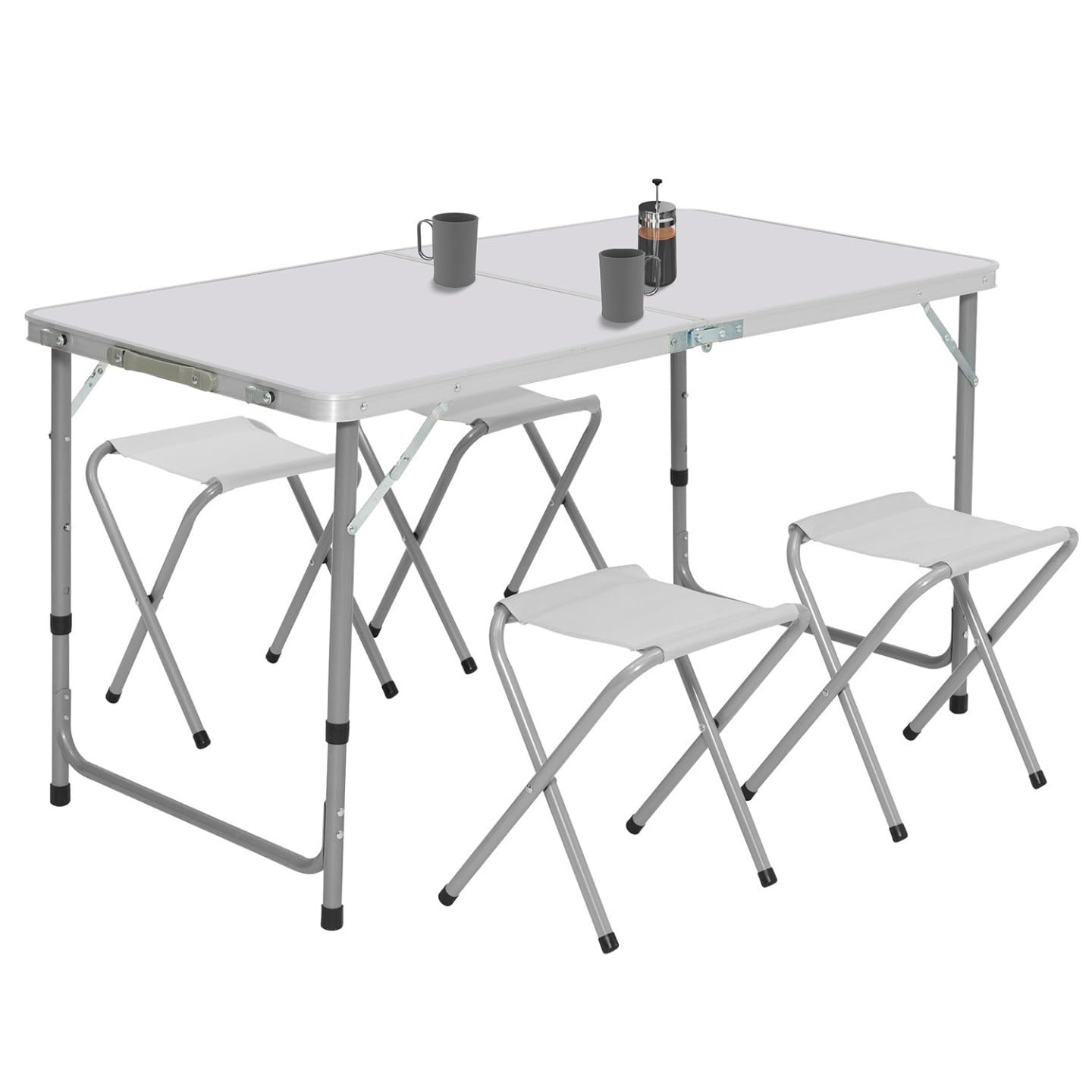 IDMarket - Table de Camping Pliante réglable en Hauteur 120 cm et 4 tabourets Blanc