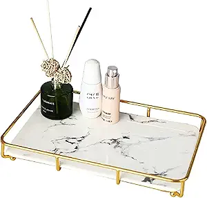 Vanity Tray Makeup Organizer Cosmetics Storage Bathroom Skincare Organizer Countertop Display Rack in Dresser Stainless Steel Shelf Marble Print Ceramic Trays