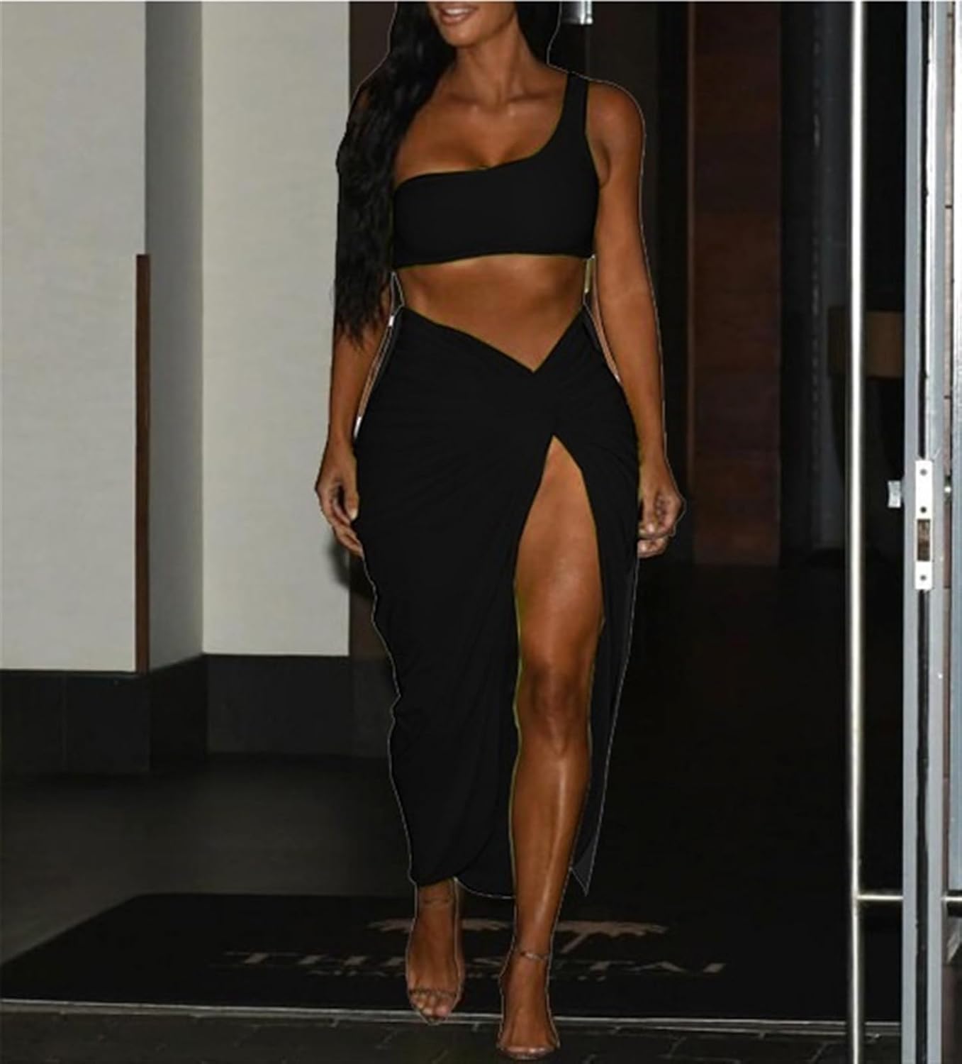 Women 2 Piece Maxi Skirt Sets Summer One Shoulder Crop Top and Twist Split Thigh Skirt Set 2 Piece Outfits Club Dress (Color : Red, Size : M)