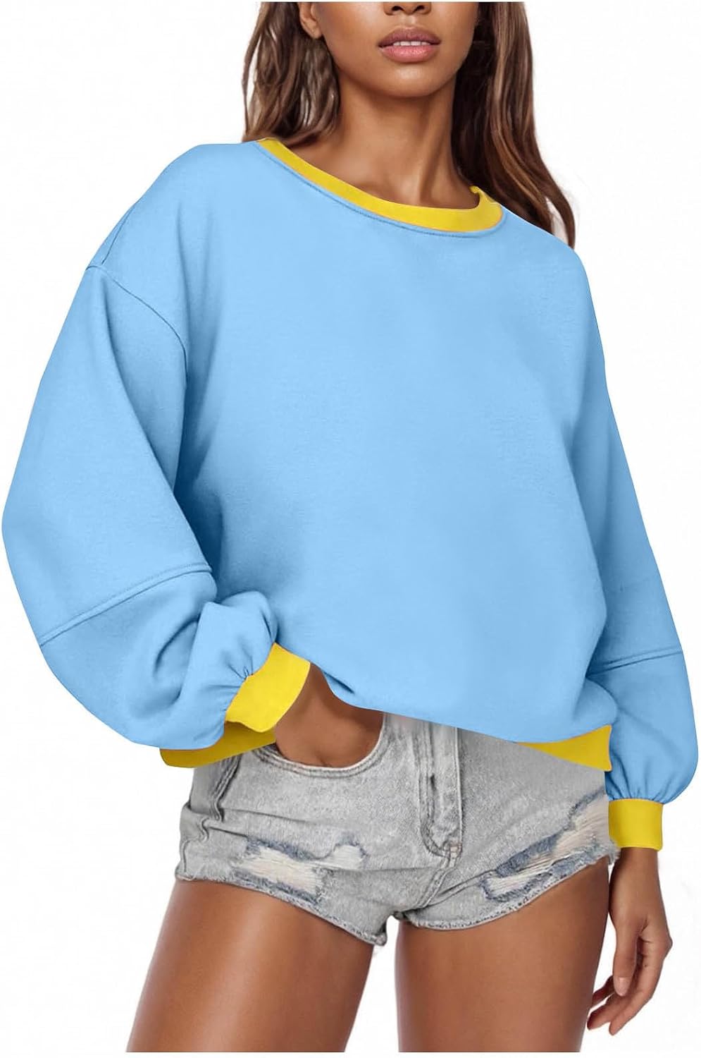 Women's Oversized Sweatshirts Crewneck Long Sleeve Pullover Cute Color Block Casual Fleece Y2k Cropped Tops