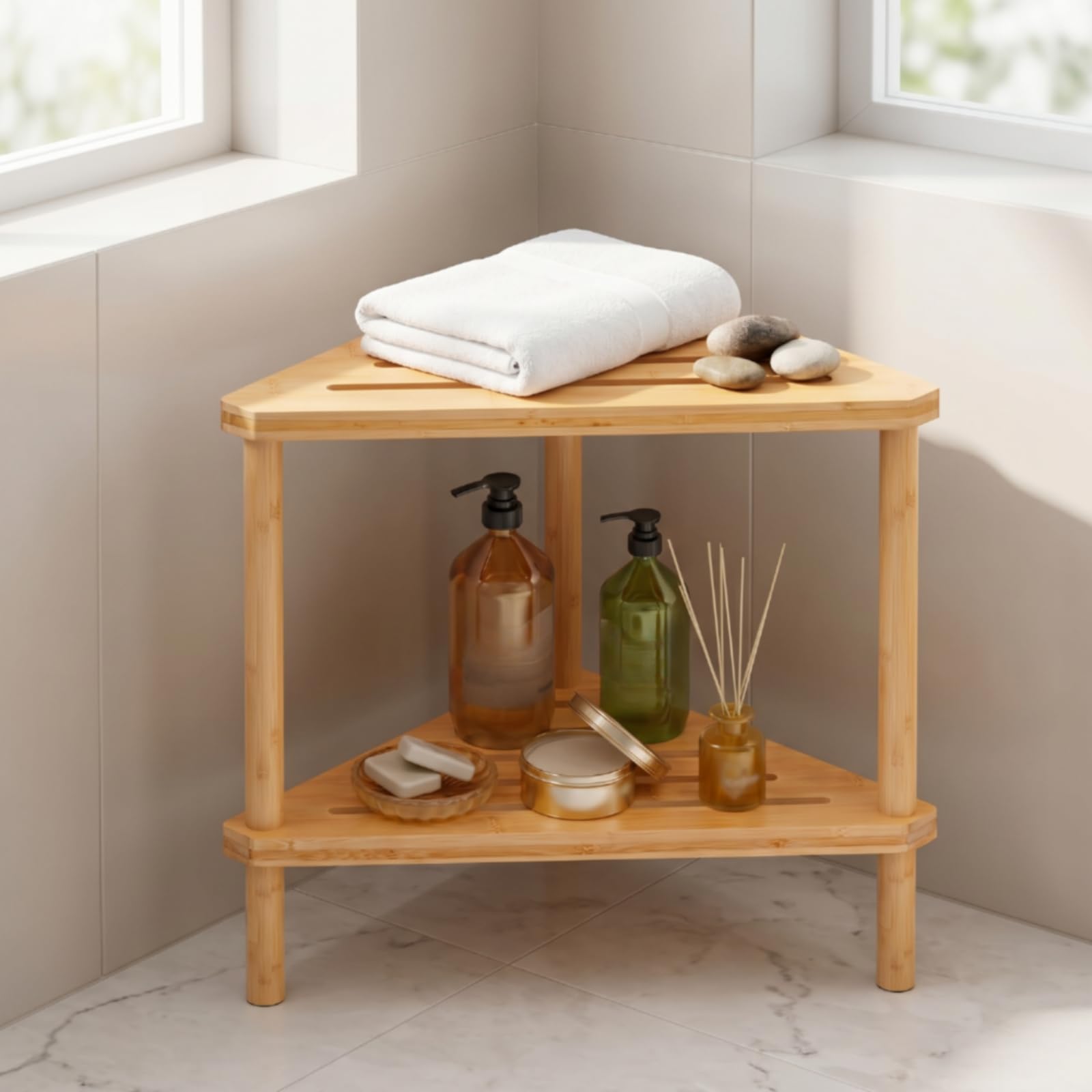 Amagogo Taburete de Esquina para Baño Banco Asiento Banco de Ducha Taburete Triángulo de Bambú Compacto con Estante Inferior y Gran Estabilidad Adecuado para Baño Aseo Hogar
