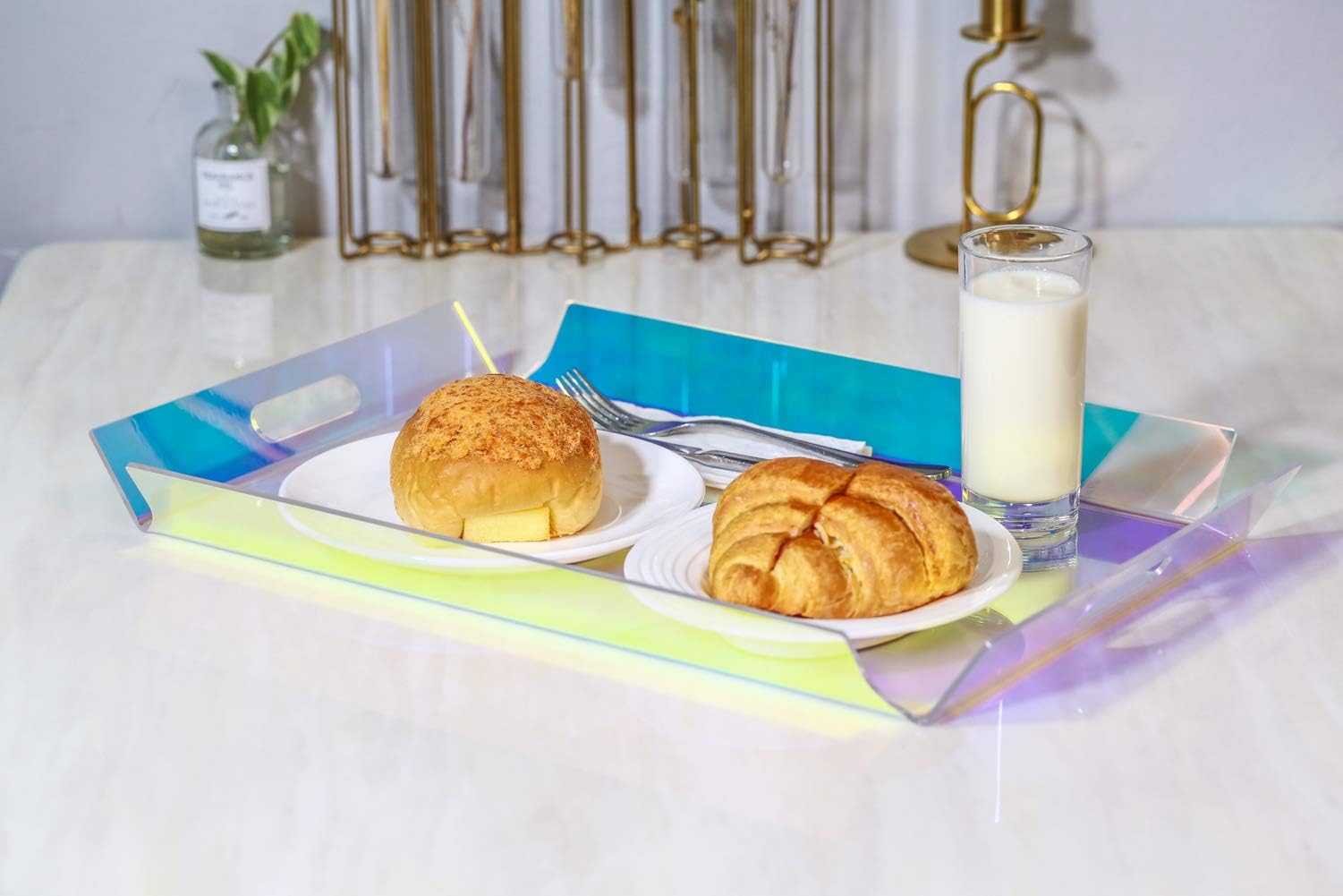 WINKINE 20'' Large Iridescent Acrylic Serving Tray with Handles, Rainbow Acrylic Multipurpose Decorative Display Butler Tray for Coffee Table, Breakfast, Tea, Food, Countertop, Kitchen