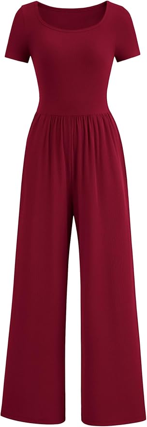 PRETTYGARDEN Women's Summer One Piece Jumpsuits Dressy Casual Short Sleeve Square Neck Wide Leg Jumpsuit Rompers