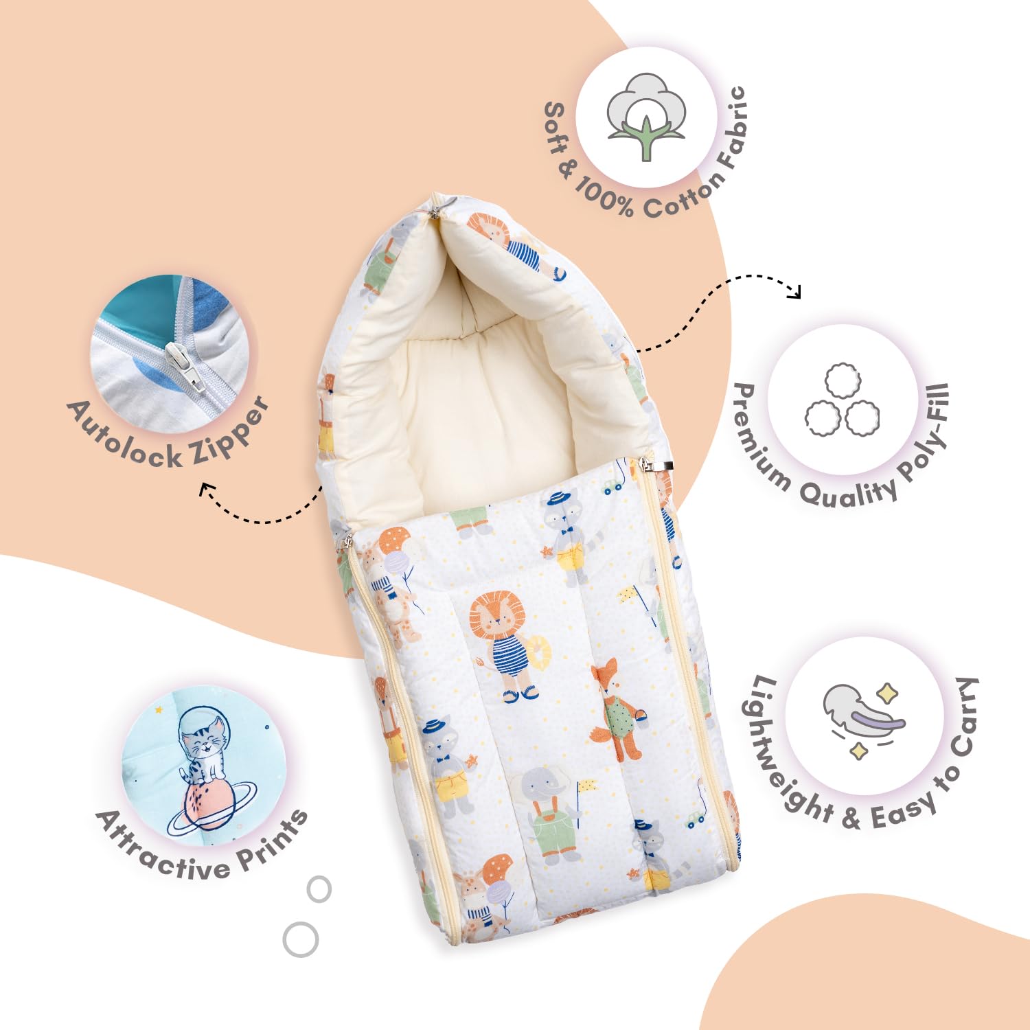 haus & kinder 3 in 1 Baby Sleeping Bag & Carry Nest | Cotton Bedding Set for Infants & New Born Baby | Portable/Travel & Skin Friendly | 0-6 Months (Jungle Party) 4
