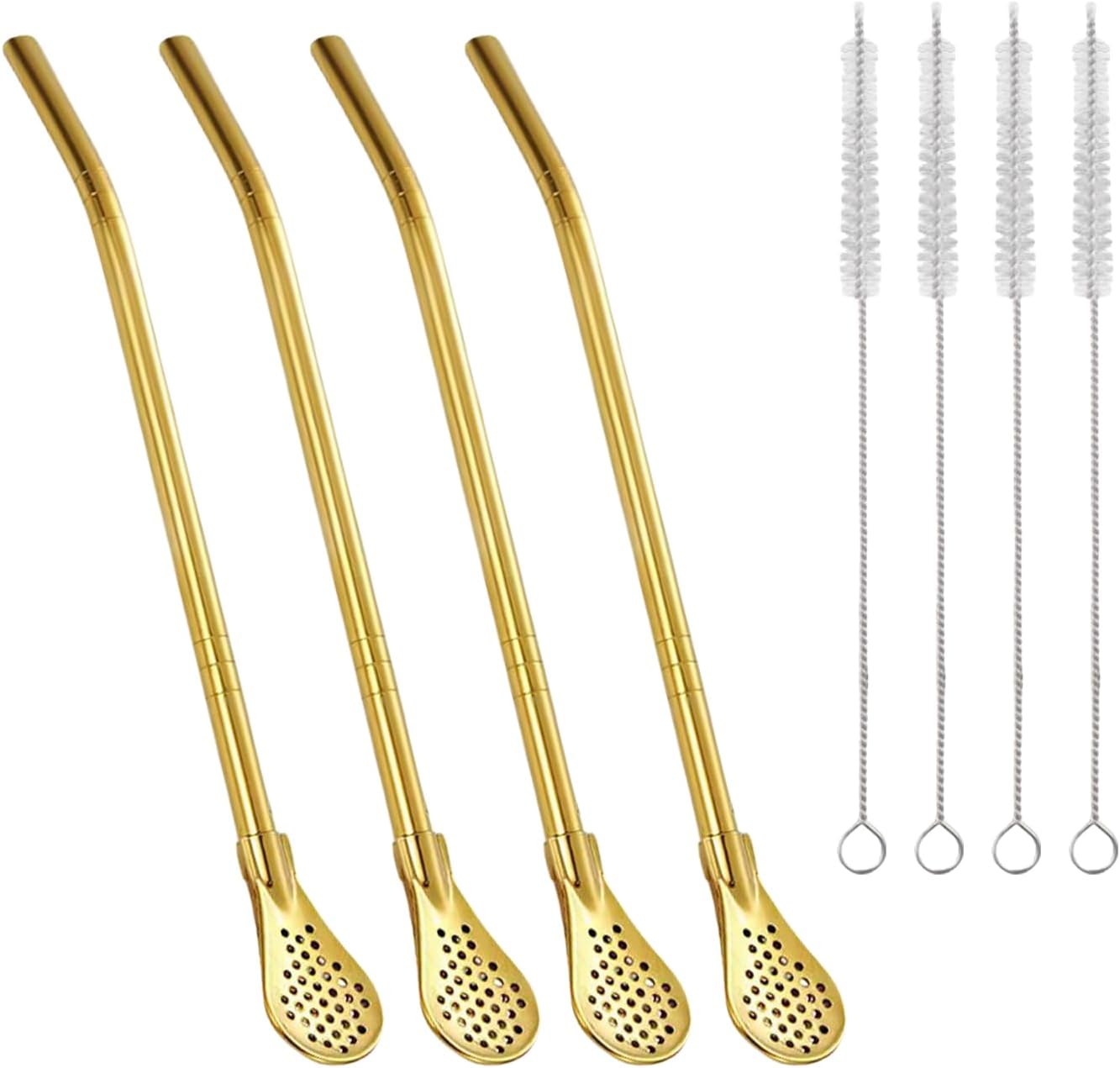 4 Pack Removable Stainless Steel Straw Filter Spoon & 4 Cleaning Brushes, Yerba Mate Straws Bombilla, Reusable Drinking Stir Sticks, Metal Stirrer for Coffee Loose Tea Cocktail (Gold)