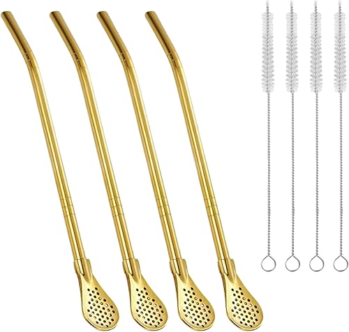 Miniatura 9 de Paquete de 4 cucharas de filtro de paja de acero inoxidable extraíbles y 4 cepillos de limpieza, pajitas de yerba mate, bombilla, palitos