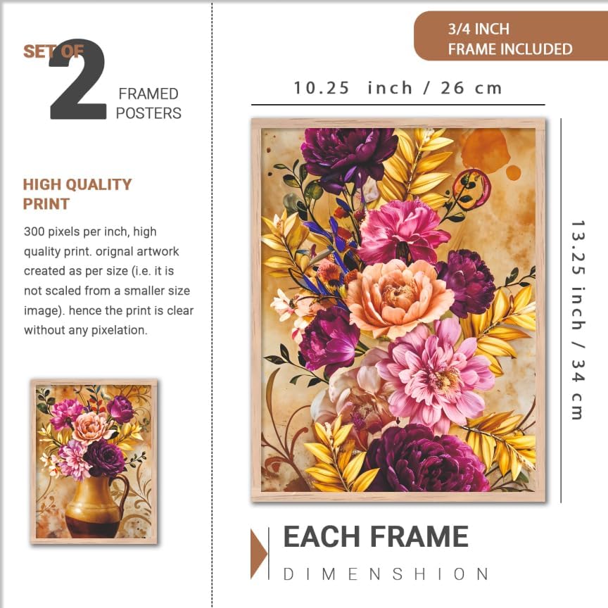 Image of NoWorries Wall Art Framed Paintings Set of 4 | Floral Bouquet, Books and Vase Prints with frames | Vintage Rustic Farmhouse Decor for Living Room, Bedroom, Office | Modern Art Wall Decorations