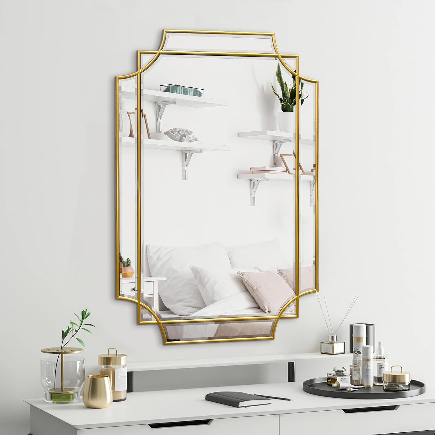 Gold Beveled Mirror, 36"x24" Irregular Bathroom Mirrors, Scalloped Wall Mirror Decorative, Modern Rectangle Mirrors for Living Room Bedroom Bathroom Entryway