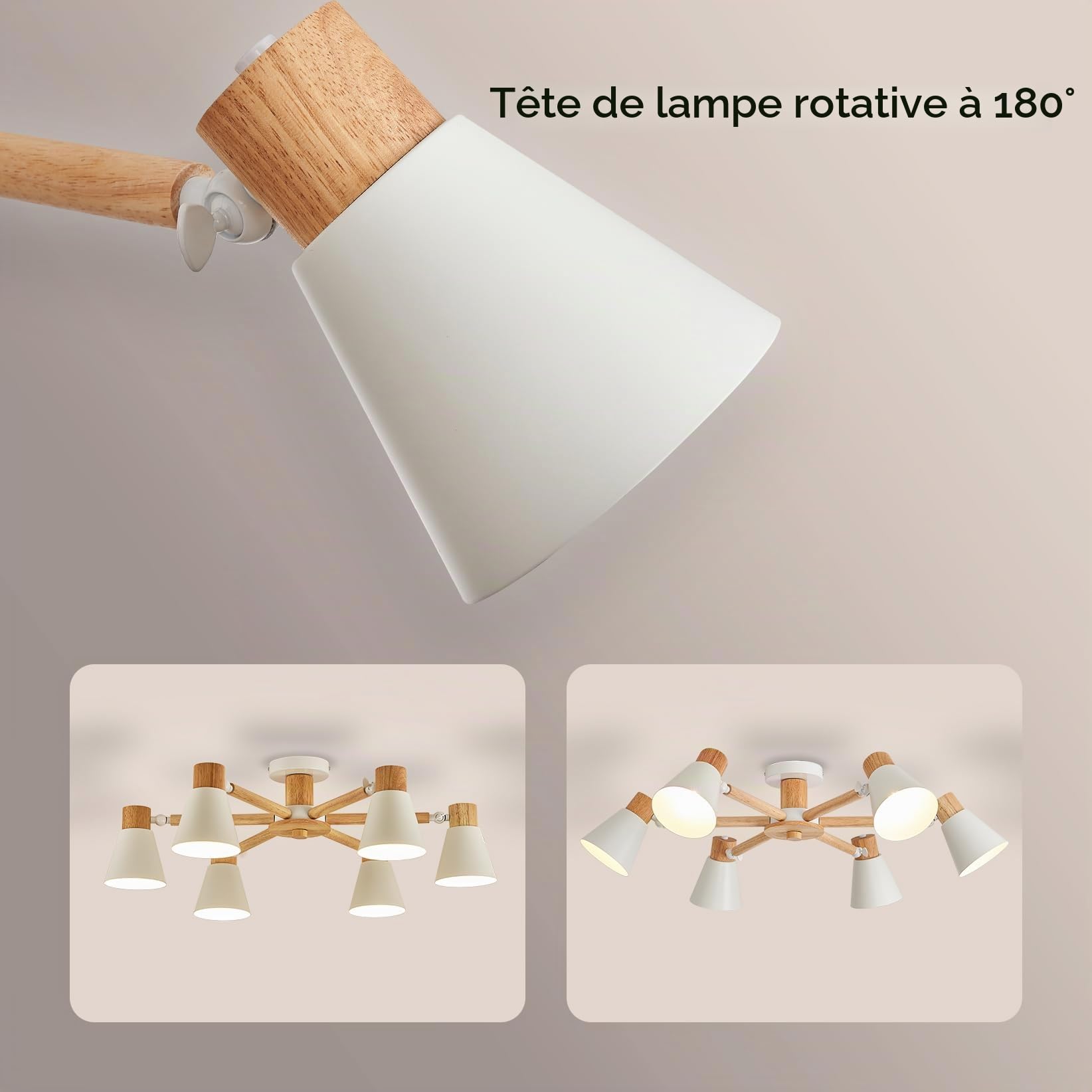 YOODI Plafonnier Moderne, 6-Lumières Lampe Plafond, Suspension, Blanc Lustre en Métal et Bois Massif E27 Base Max 40W Lampe de Plafond pour Salon, Chambre, Cuisine (Ampoule non incluse)