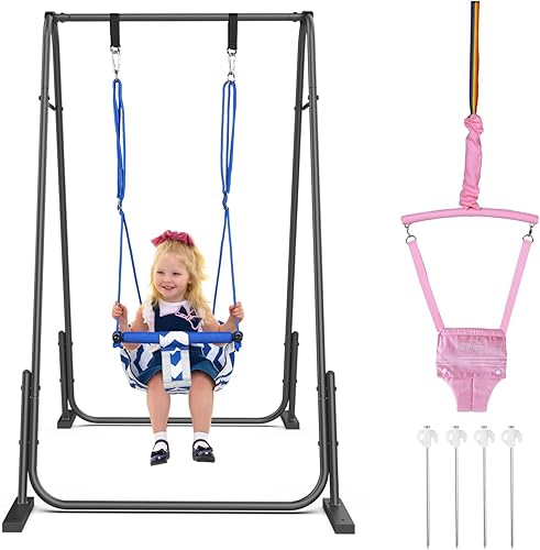 Slevoo 2 in 1 Baby Jumper and Swing, Toddler Swing Set with Foldable Stand, Ages 6 Months to 6 Years, for Indoor and Outdoor Fun, Pink