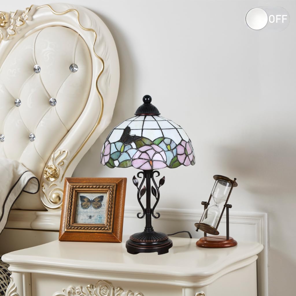 Tischlampe im Tiffany Stil,Vintage Nachttischlampe Schlafzimmer Deko Lampe,Jugendstil Tischleuchte,Butterfly buntglas lampenschirm 25cm / 10 Zoll,Harz-Basis mit Kabel und E27 LED Birne(B)