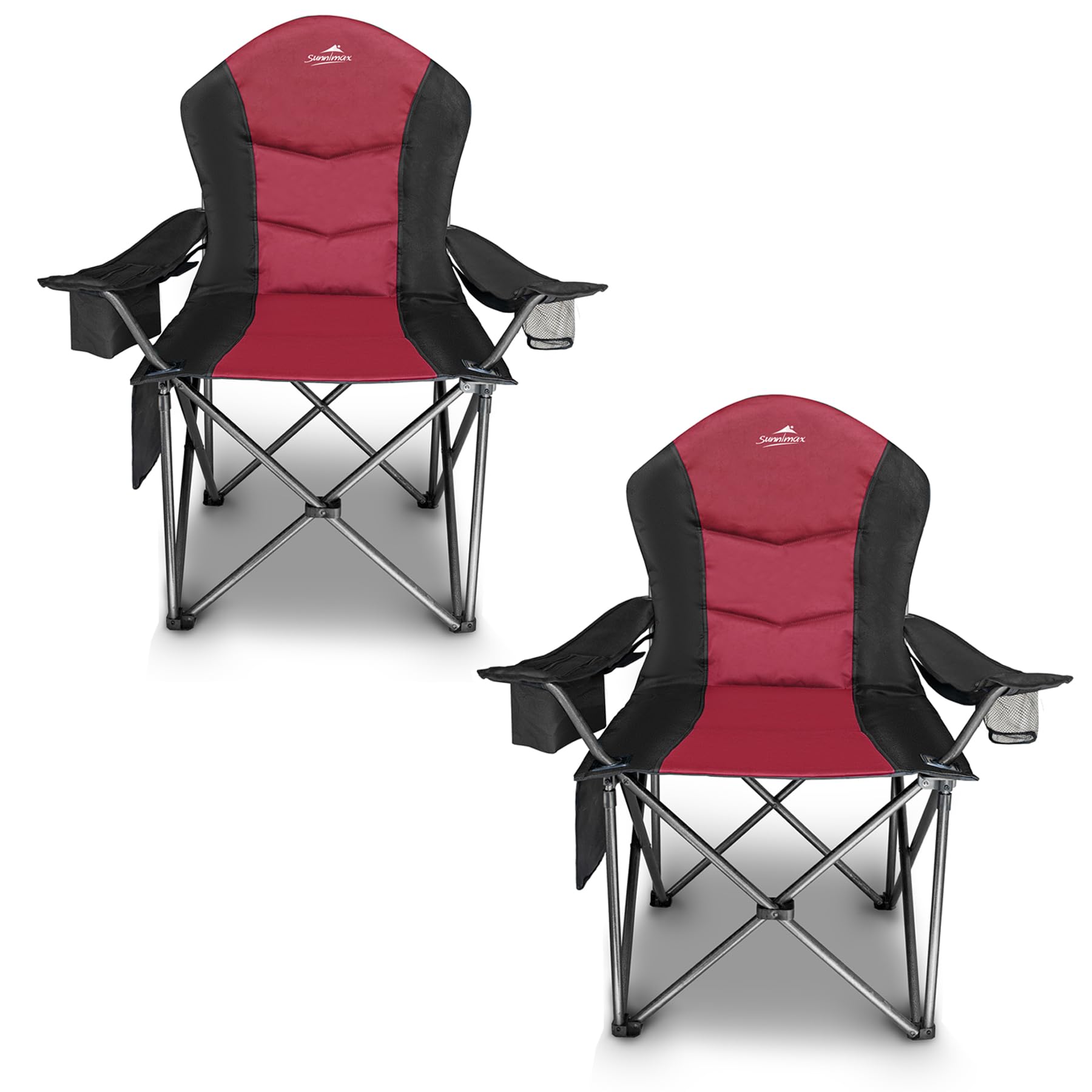 Fully Padded Camping Chair, Oversized Heavy Duty Lawn Chair with Cooler Bag,Side Pocket,Cup Holder Support 400 lbs (Black & Red, Twin Pack)