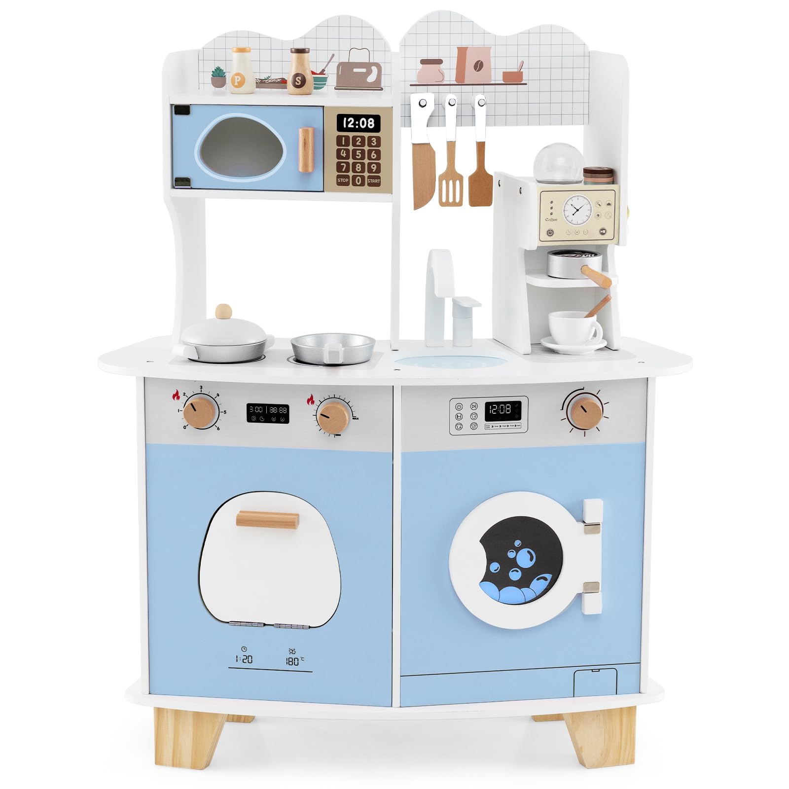 COSTWAY Kids Toy Kitchen, Pretend Play Kitchen with Coffee Maker, Microwave, Oven, Washing Machine, Accessories, Children Cooking Role Playset for 3+ Years Old (Blue)
