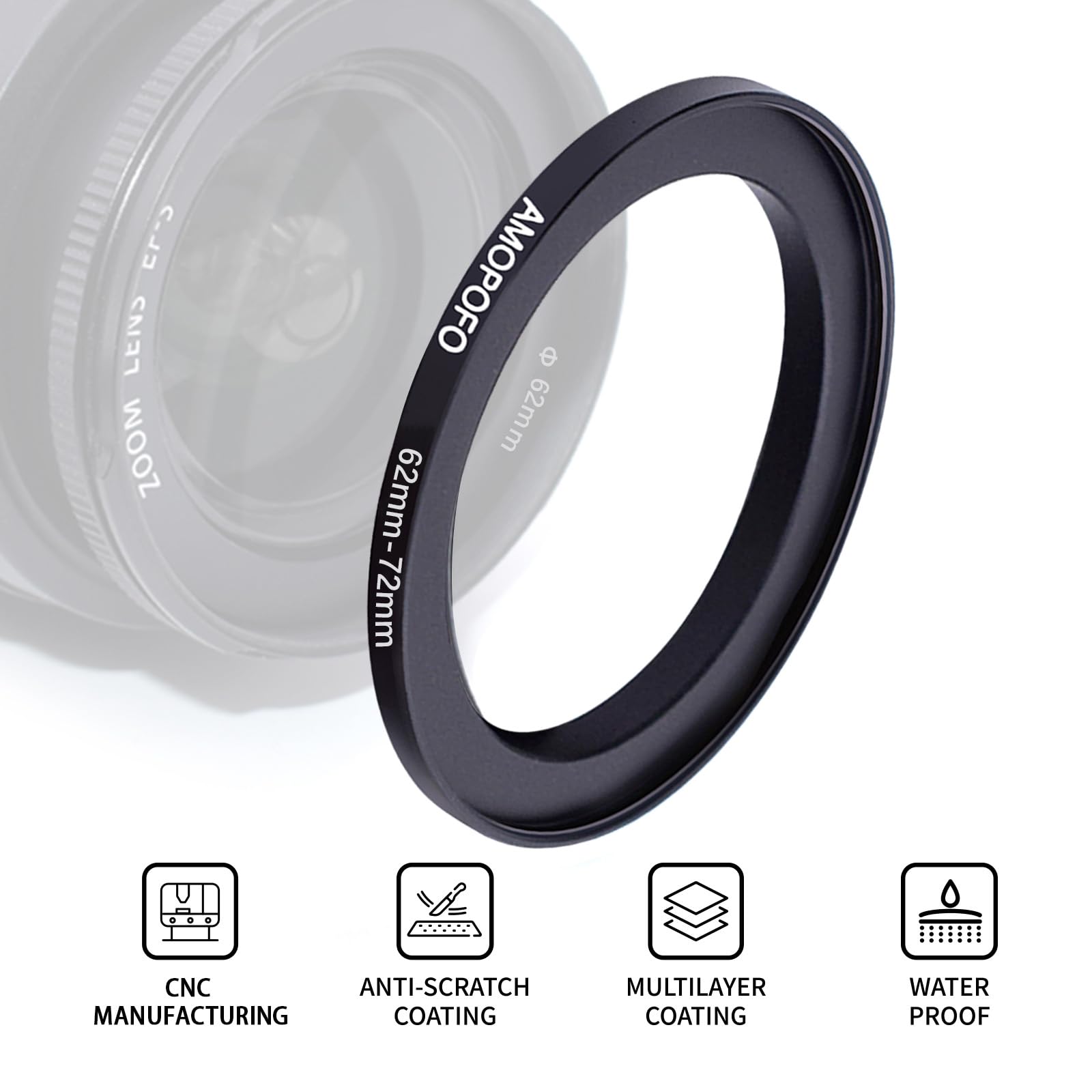 62mm to 72mm Step Up Ring For Filters,62mm-72mm Camera Filter Ring,Made Of CNC Machined space aluminum With Matte Black Electroplated Finish.for 72mm UV,ND,CPL Camera Filter accessories — view 2