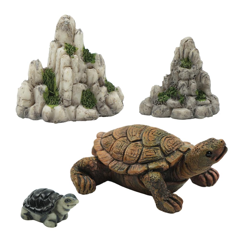SHIDXIB 4Pcs Turtle Sculpture and Miniature Rockery Statues Chinese Mountain Outdoor Plants and Rock Cave Crafts Micro Landscape Ornament for Home