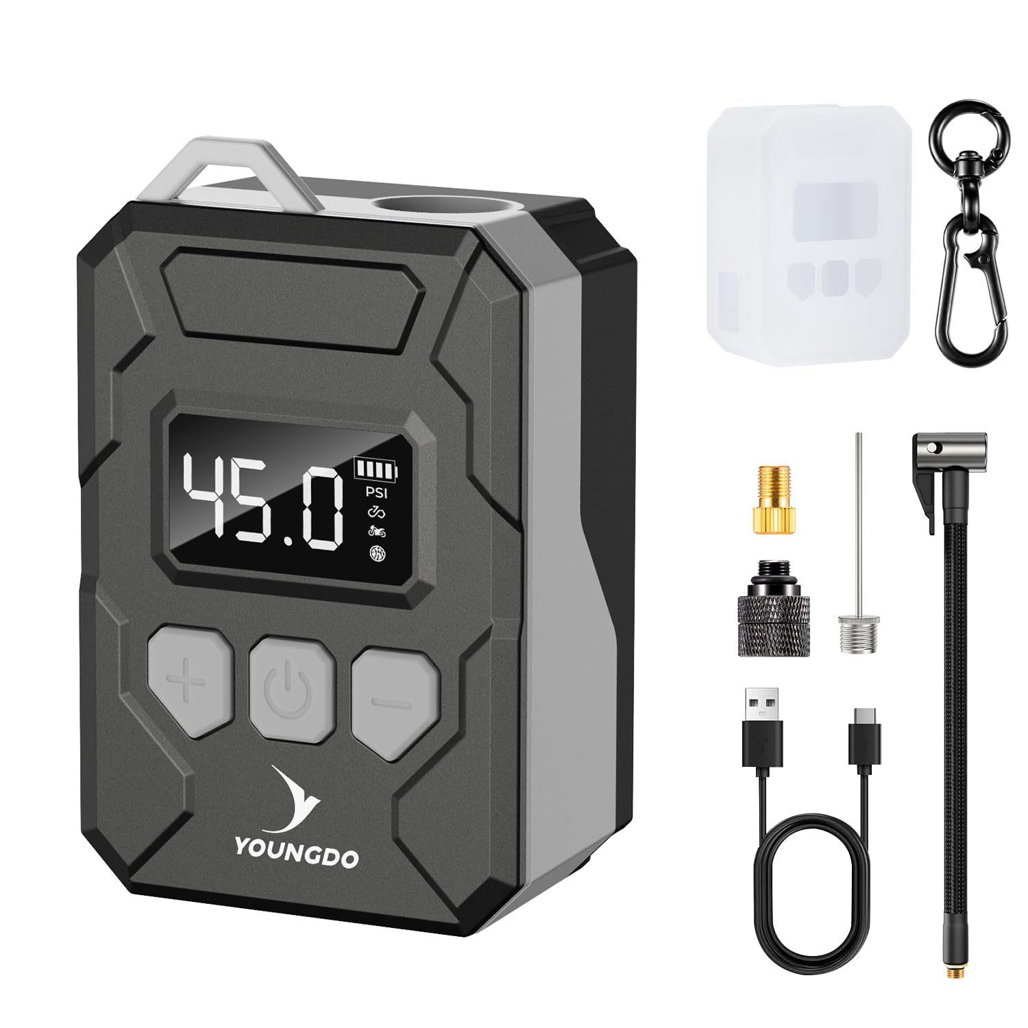 150PSI mini Bomba Bicicleta, YOUNGDO inflador electrico con Manómetro Digital, Función Auto Stop Tipo-C Bomba de Aire Eléctrica para Bicicleta con Válvula Presta y Schrader para Bicicleta, Moto, Balón