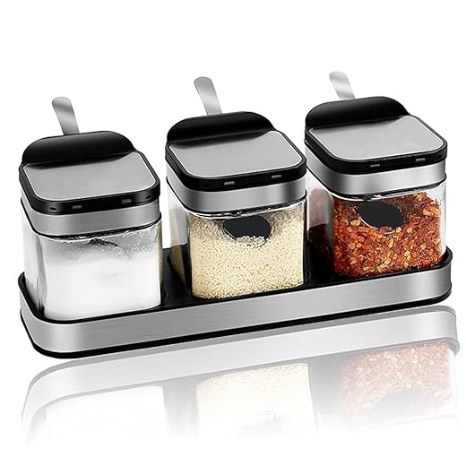 Condiment Jar Spice Container with 304 Stainless Steel Lids & Spoons,Clear Glass Condiment Canisters Pots Seasoning Box Salt Container Sugar Bowl Set of 3 for Kitchen, Counter, Food Storage