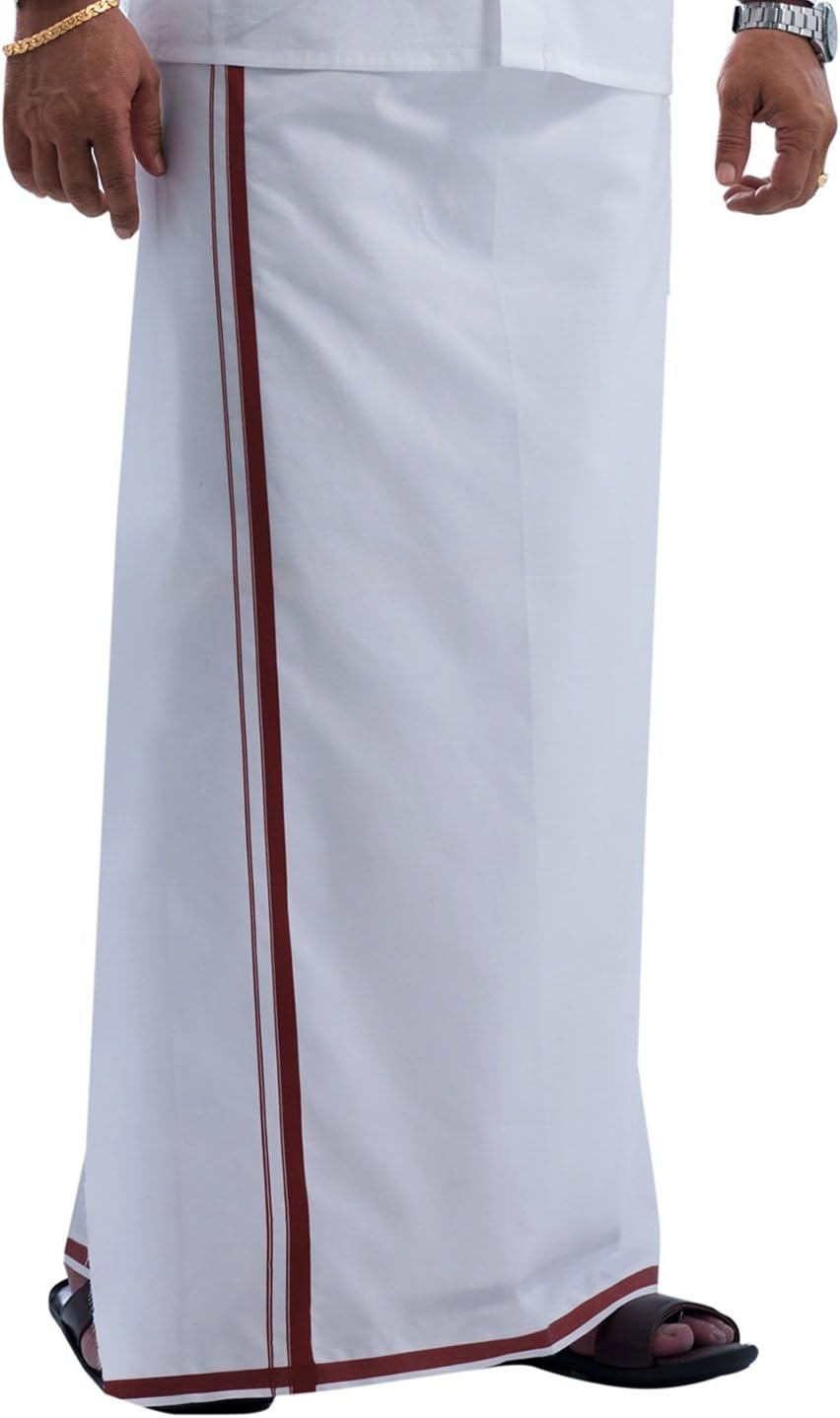 Men's Cotton Dhoti (Maroon Border, Free Size)