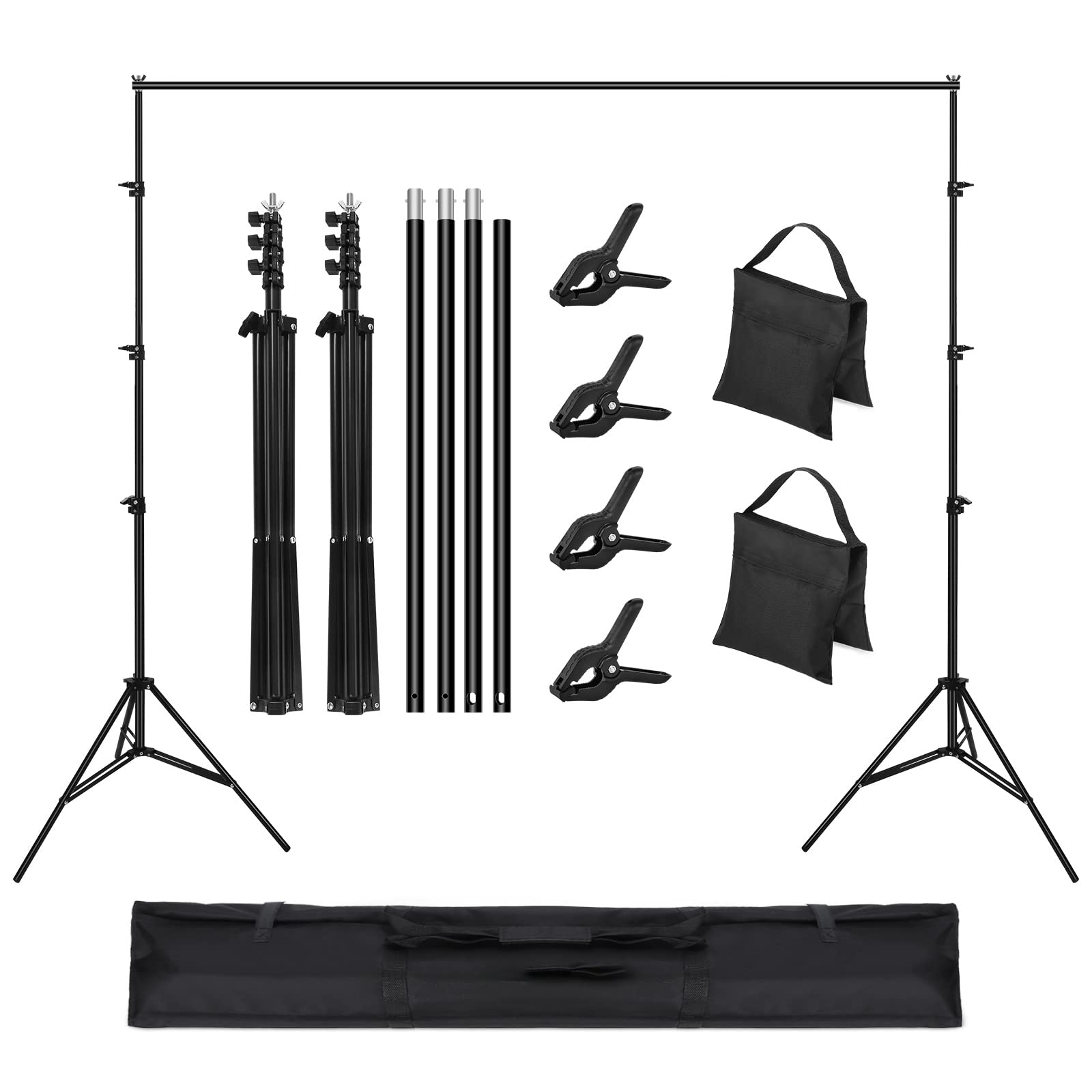 OMBAR 2,6x3M Soporte Fondo Fotografico, para Retrato, Fotografía de Productos y Grabación de Video, Ajustable Soporte Photocall con 4 Abrazaderas Fondo y 2 Bolsas Arena