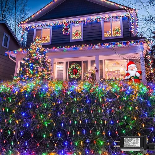 QITONG Net Lights Outdoor Mesh Lights, 12ft x 5ft 360 LED Multicolor Christmas Light with 8 Modes, Connectable Clear Wire Bush Light Plug in