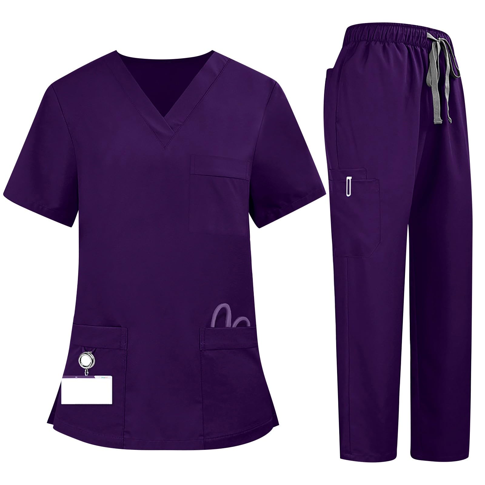 2 Pcs Scrubs Sets for Women Stretch Wide Leg Pants & V-Neck Short Sleeve Tops Plus Size Medical Scrub Sets Medium 1 Purple