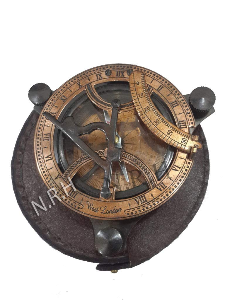 Brújula de Cobre y Bronce con Esfera Solar, 10 cm con Caja de Cuero marrón