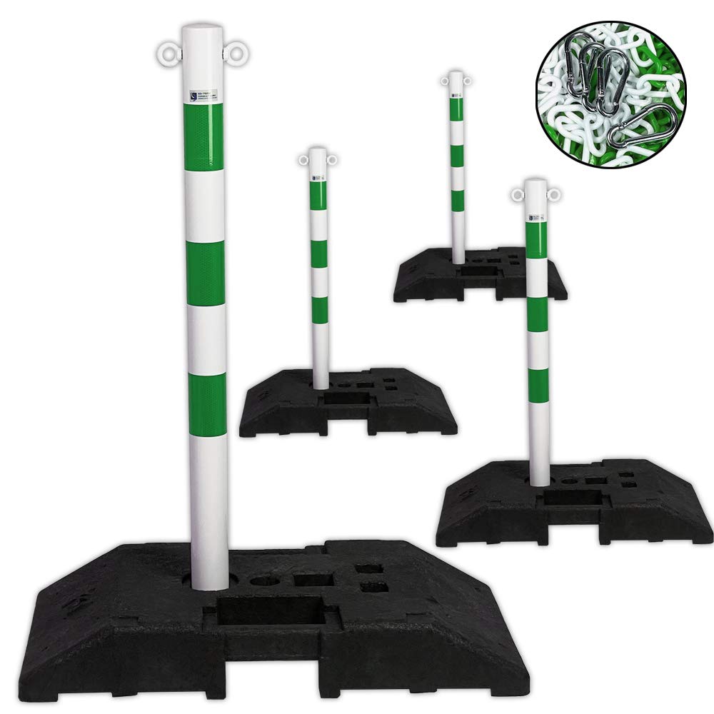 Kettenpfosten 4 Absperrpfosten Stahl 1m x Ø60mm 25m Kette 30kg Fuss - extra stabil für mehr Sicherheit verschiedene Farben (grün)