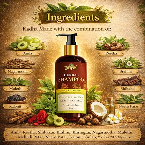 Image of RamGopal Ayurveda Amla Reetha Shikakai Herbal Shampoo - Anti-Dandruff & Hair Fall Control, Hair Growth & Strengthening | No Sulfate (SLES) and Paraben Free Shampoo | For All Hair Types | For Men & Women | Safe for Colored Hair 200ml (Pack of 1)