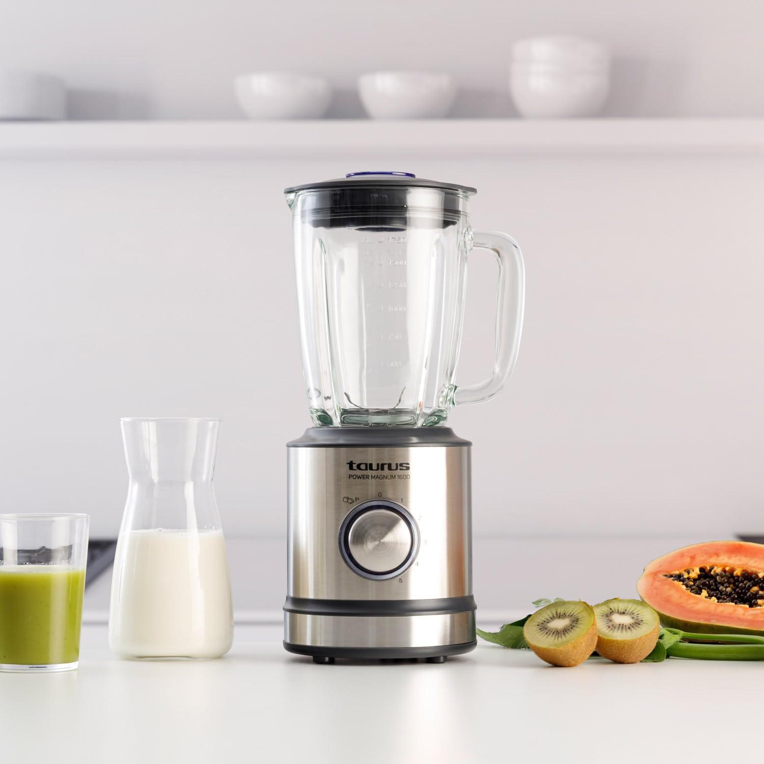 Taurus 1600 - Batidora de vaso, 1600 W, jarra cristal, 1.75 L, cuchillas de 6 filos, 5 velocidades + pulse, pica hielo, acero inoxidable, selector iluminado, inox