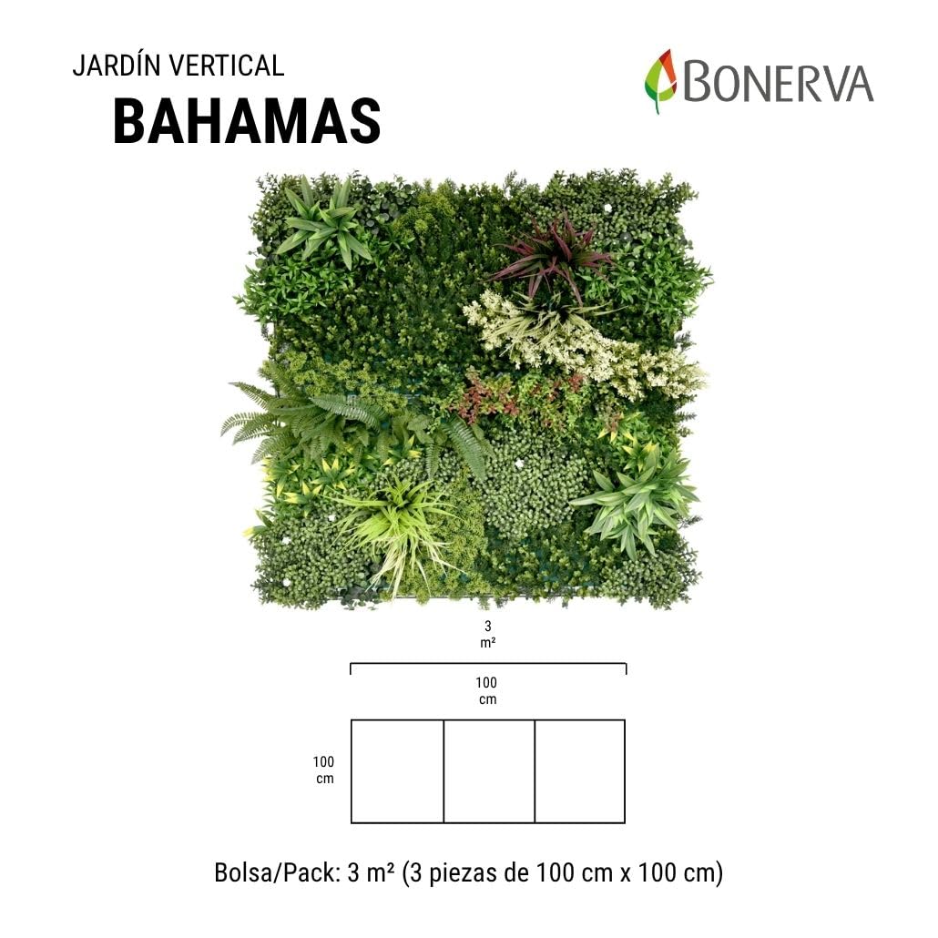Bonerva Jardín Vertical Artificial Bahamas 3m², Pack 3 Paneles 100x100 cm, Muro Vegetal Verde Decorativo con Protección UV Interior Exterior