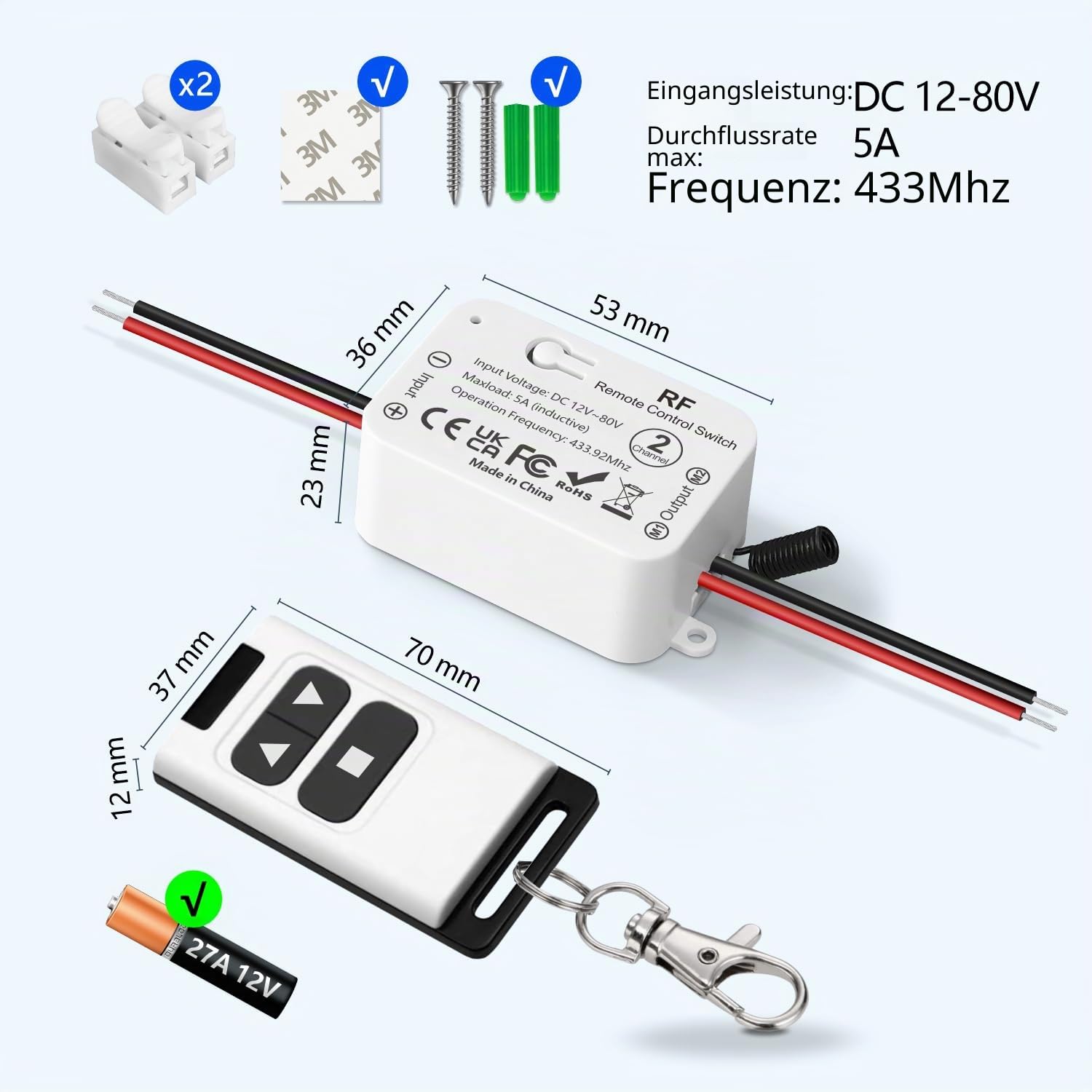 Funk-Fernbedienung für Gleichstrommotoren, 12V 24V 48V 80V Linearantrieb Steuerung für Rolltore/elektrische Rollos/Schlösser/Wasserpumpen - Motor Vorwärts/Rückwärts mit 2 Fernbedienungen