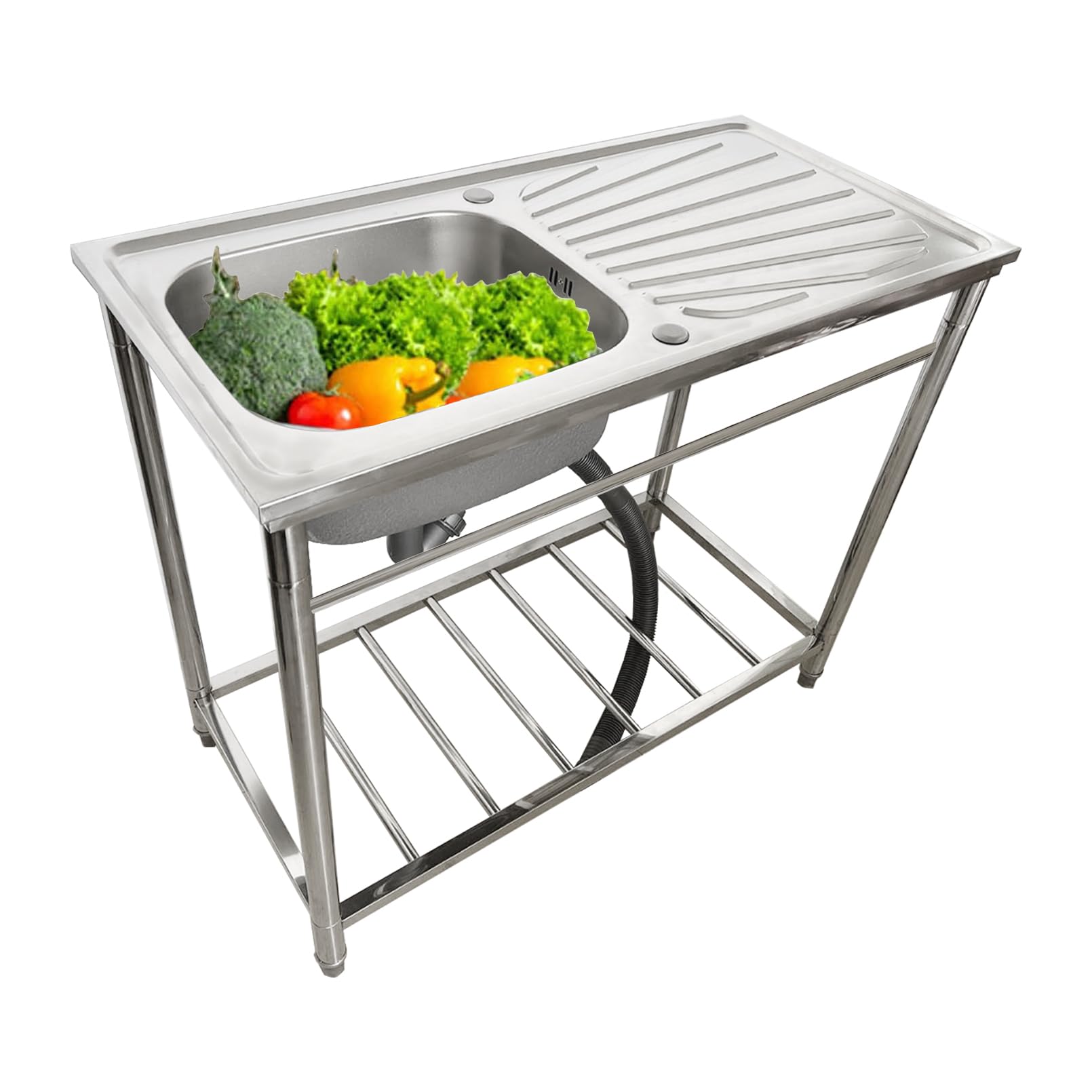 HYSOPSPX Stainless Steel Commercial Sink with Workbench & Faucet Single Bowl Handwashing Station Portable Free Stand Utility Shelf for Laundry, Garage and Garden Outdoor or Indoor