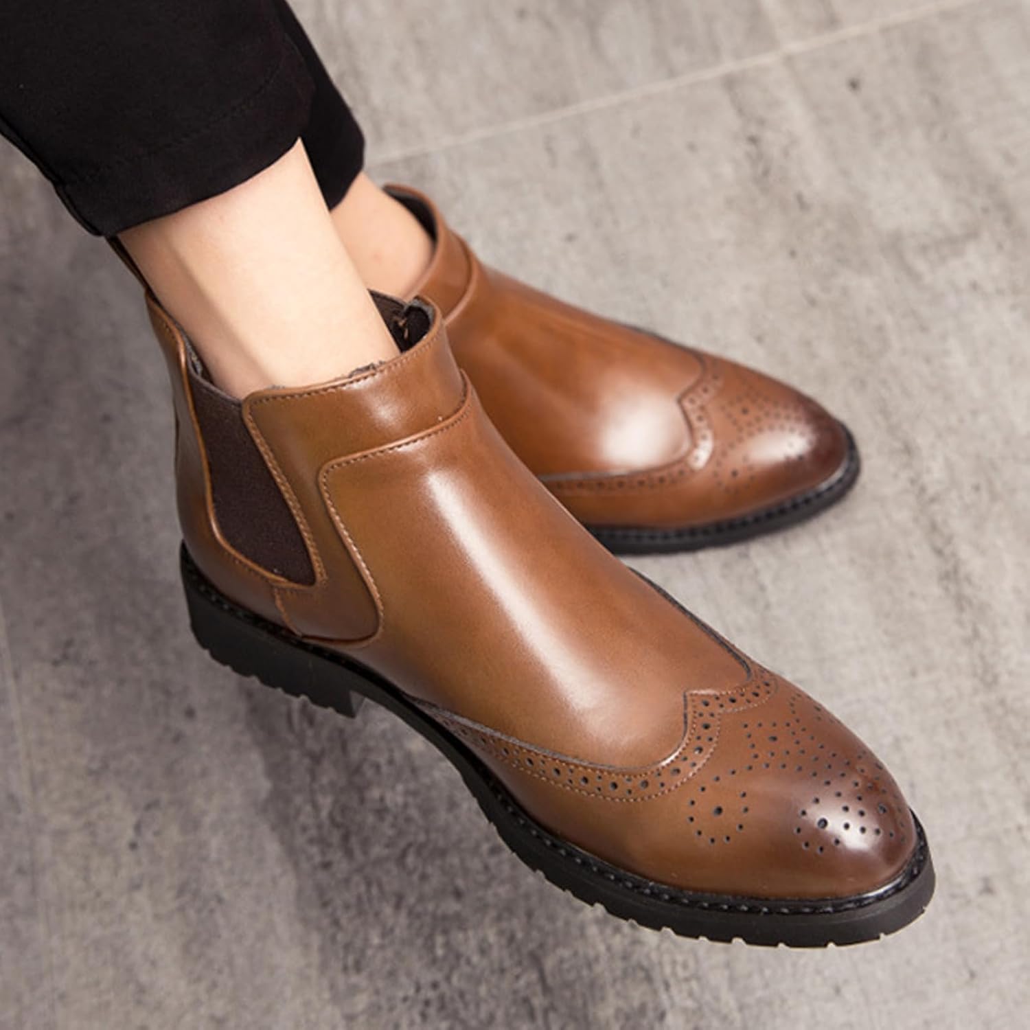 Chelsea Short Boots Leder Retro Brogue Chukka Stiefeletten Elastische Slip-on Formal Dress Boots, Brown, 5.5 UK