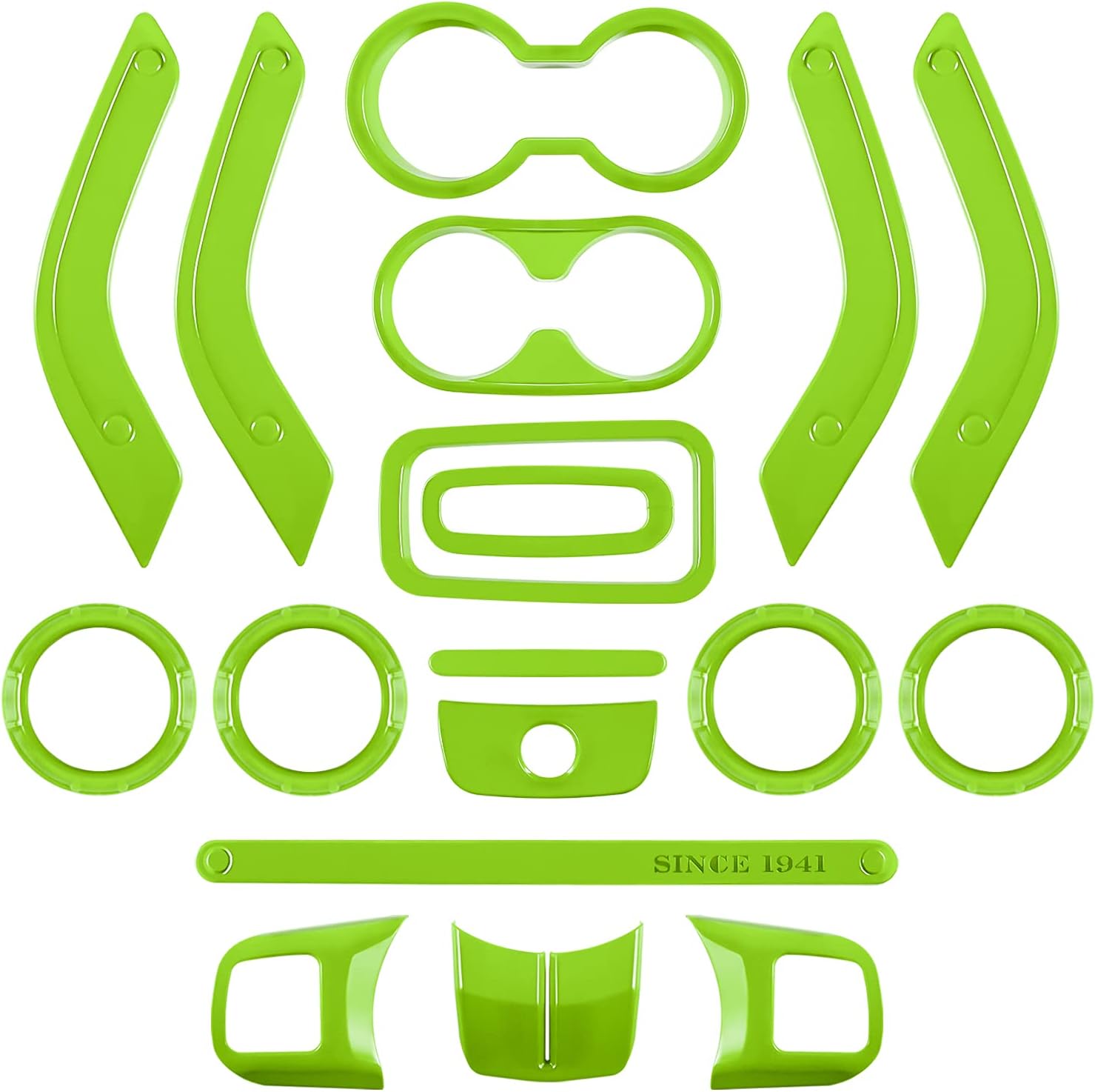 E-cowlboy 18 PCS Full Set Interior Decoration Trim Kit Steering Wheel Center Console Door Handle Air Conditioning Vent Cup Holder Gear Cover Trim for Jeep Wrangler JK JKU 2011-2018 4-Door (Green)
