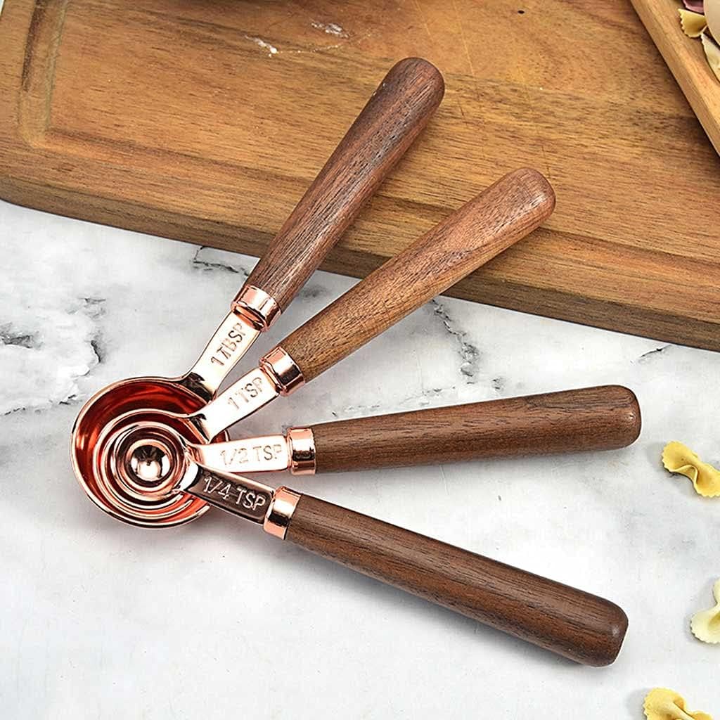 4-Piece Stainless Steel Measuring Cup with Wooden Handle, Measuring Spoon, Copper-Plated Kitchen Baking Measuring Spoon Set (Size : Measuring Spoons) (Measuring Spoons)
