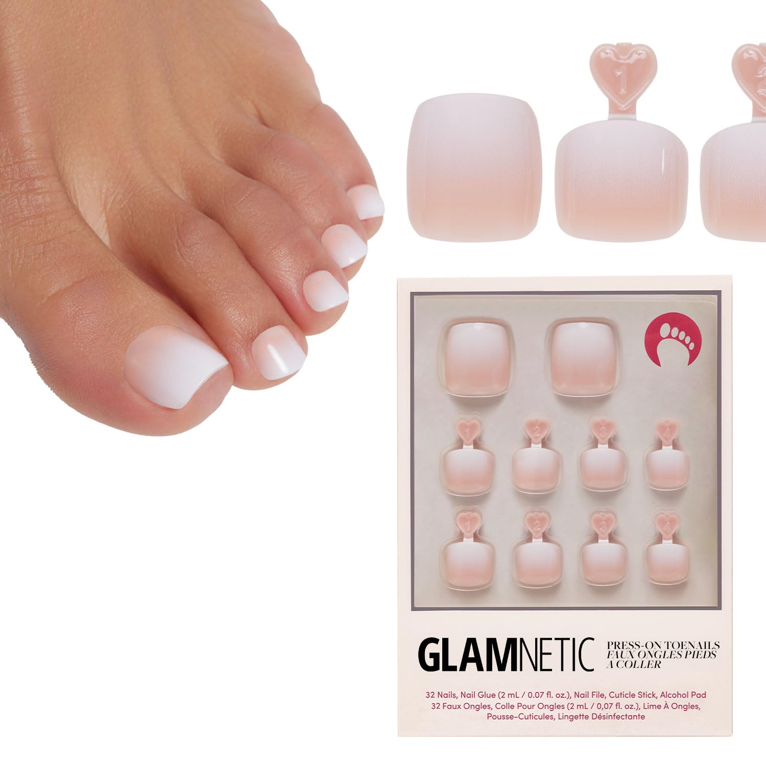 Glamnetic Press On Toenails - Creamer | Neutral Nude and White Ombre Fake Toe Nails with a Glossy Finish | 16 Sizes - 32 Toe Nail Kit with Glue