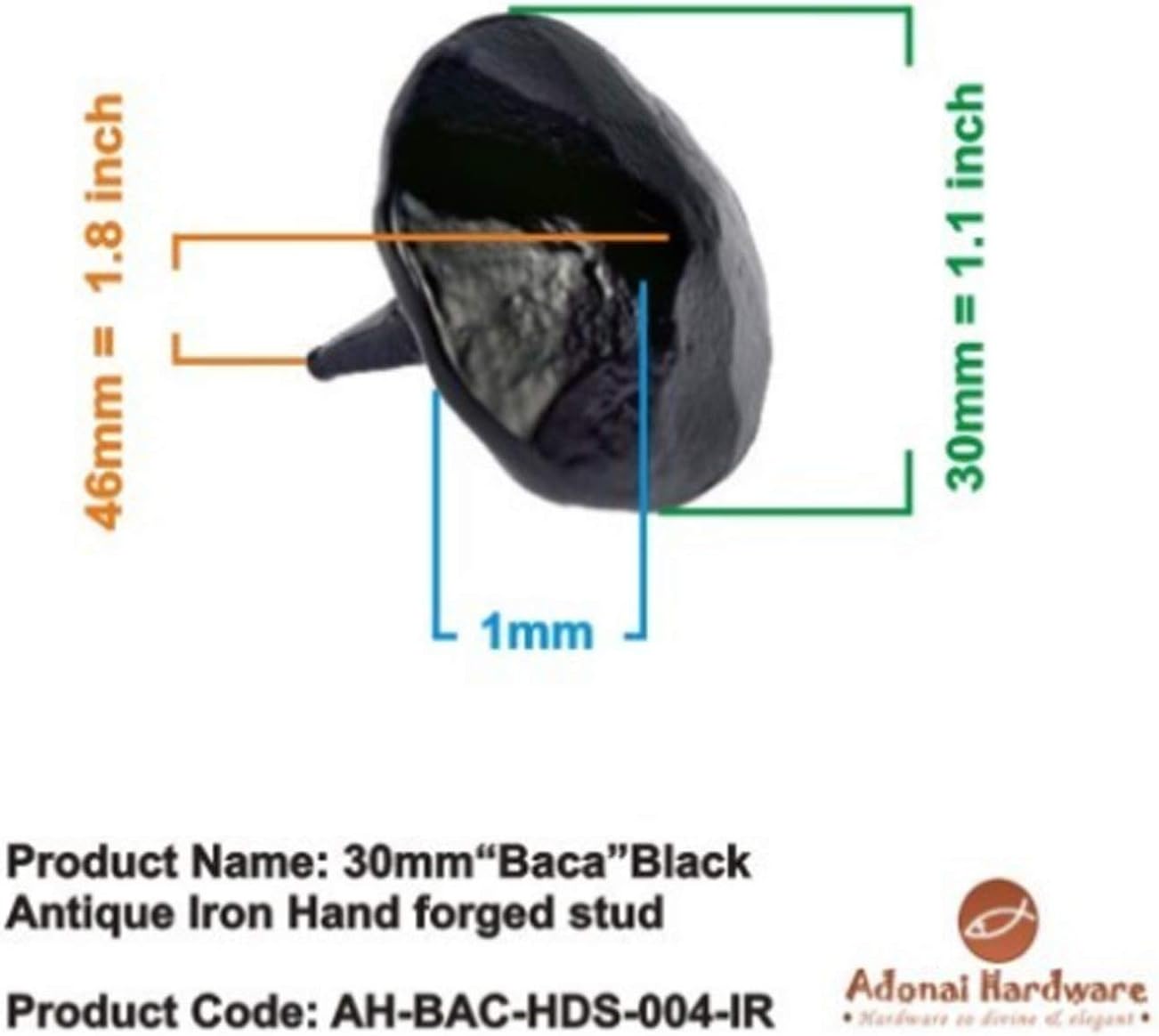 Adonai Hardware 30mm "Baca" Natural Raw Antique Iron Hand forged Stud (Supplied as ten pieces) - Natural Unlacquered
