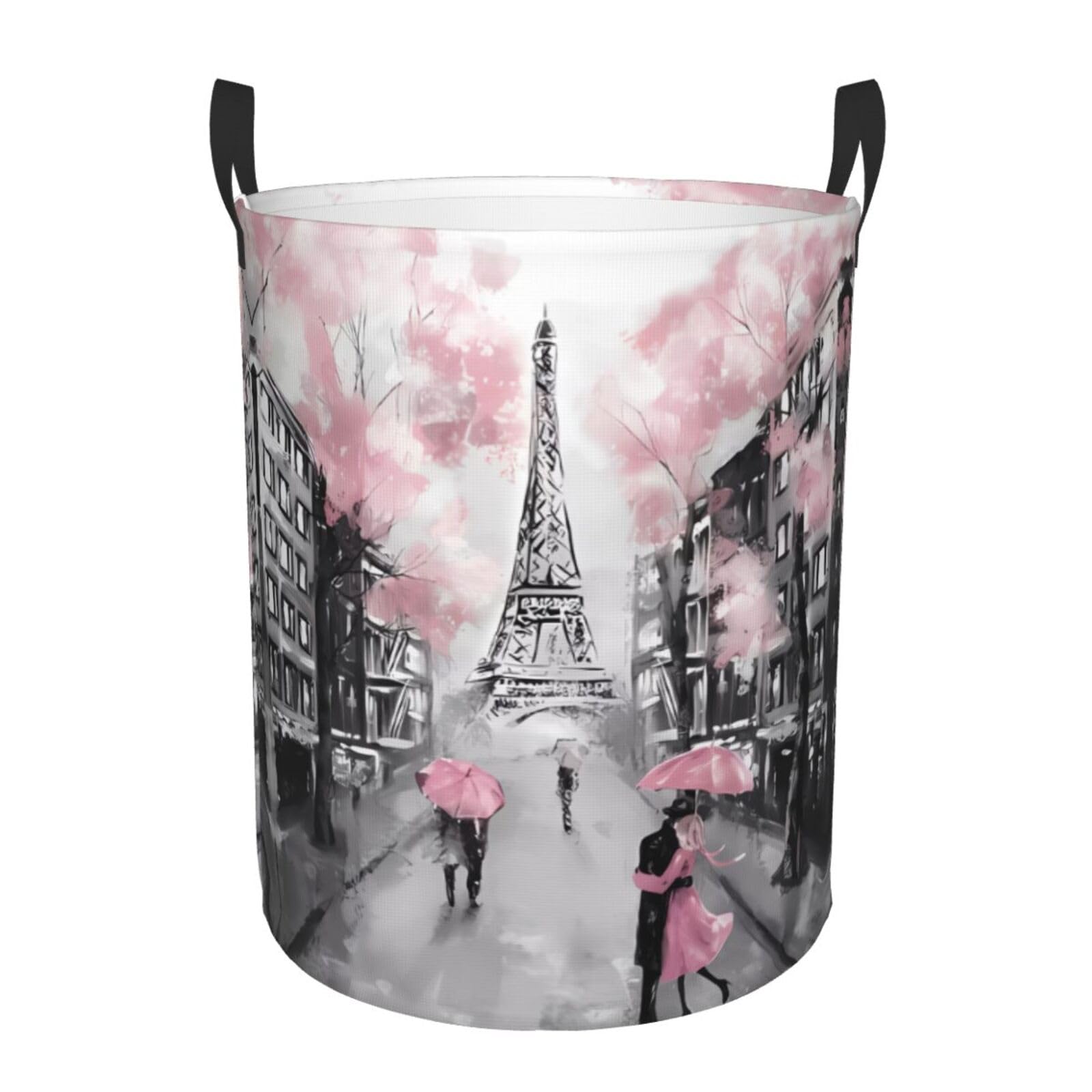 M Collapsible Paris Street Eiffel Tower Pink Floral Print Circular Hamper Round
