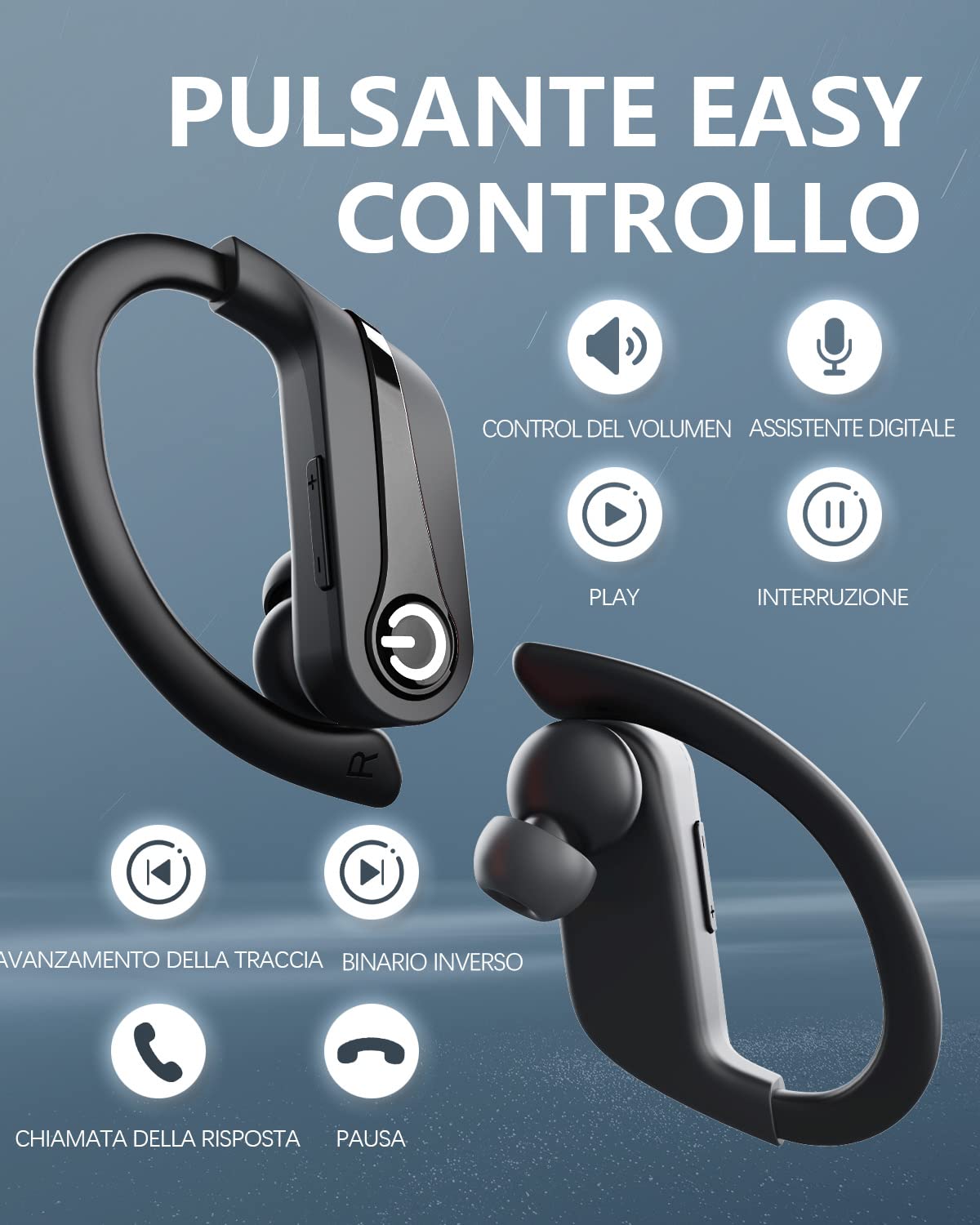 Sport Cuffie Bluetooth - 2024 Auricolari Bluetooth Stereo di Alta Qualità, Cuffie Wireless Bluetooth con Riduzione Rumore ENC e Display LED, Impermeabili IP7 per Sport - Nero
