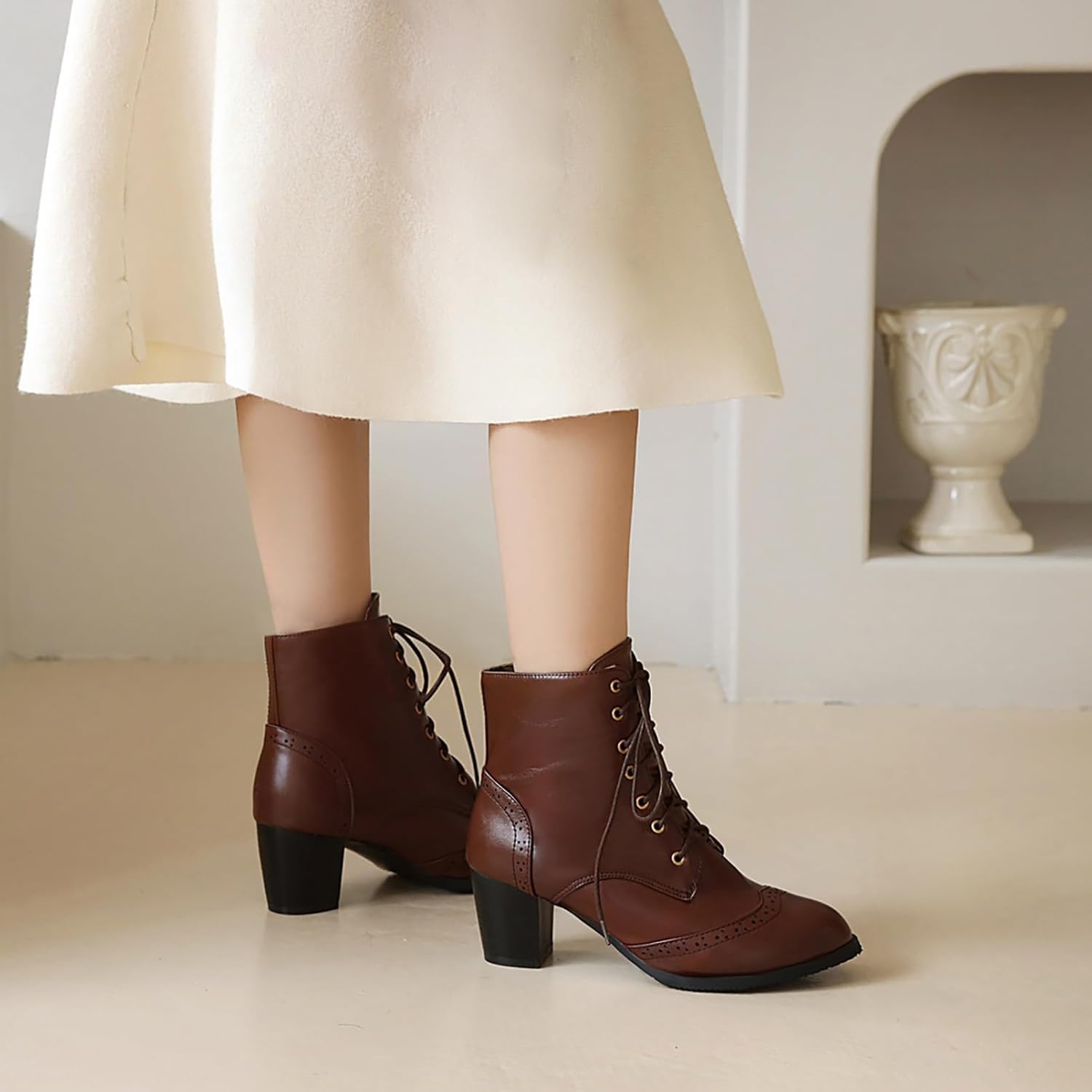 Uniquelly Womens Wingtip Booties Chunky Heel Ankle Boots Lace Up Round Toe Vintage Comfortable Winter Shoes (brown,US9.5) - Image 6