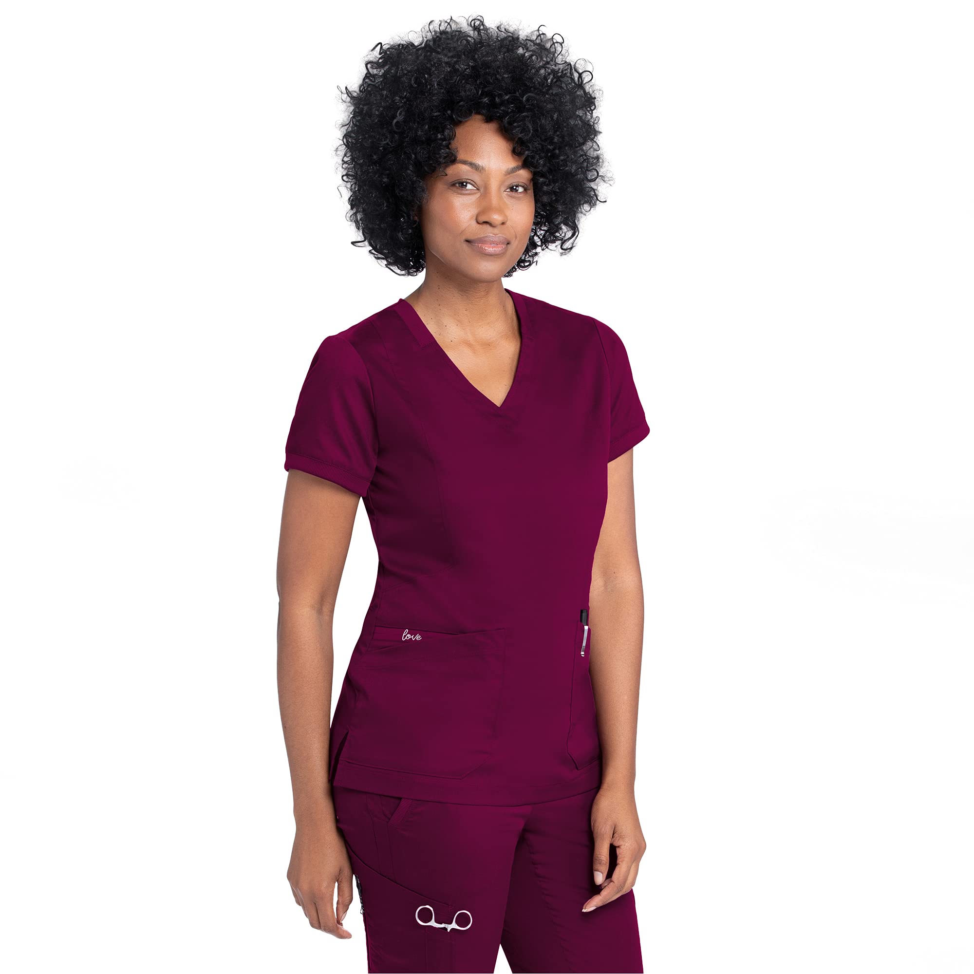 BARCOGrey's Anatomy Scrubs - Kira Scrub Top for Women, V-Neck, Love Printed Zip Pocket Super-Soft Women's Scrub Top