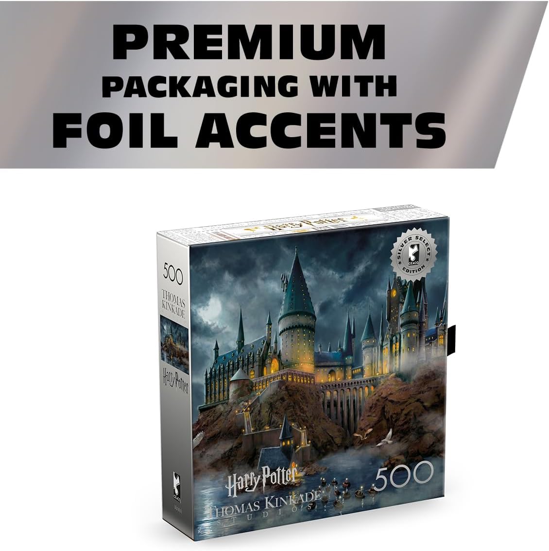 Ceaco 500 Piece Thomas Kinkade Hogwarts Castle Puzzle for Adults, Silver Select - 500 Piece Jigsaw Puzzle - Challenging and Colorful Puzzle for Adults – Precision-Cut Pieces, Beautiful Artwork