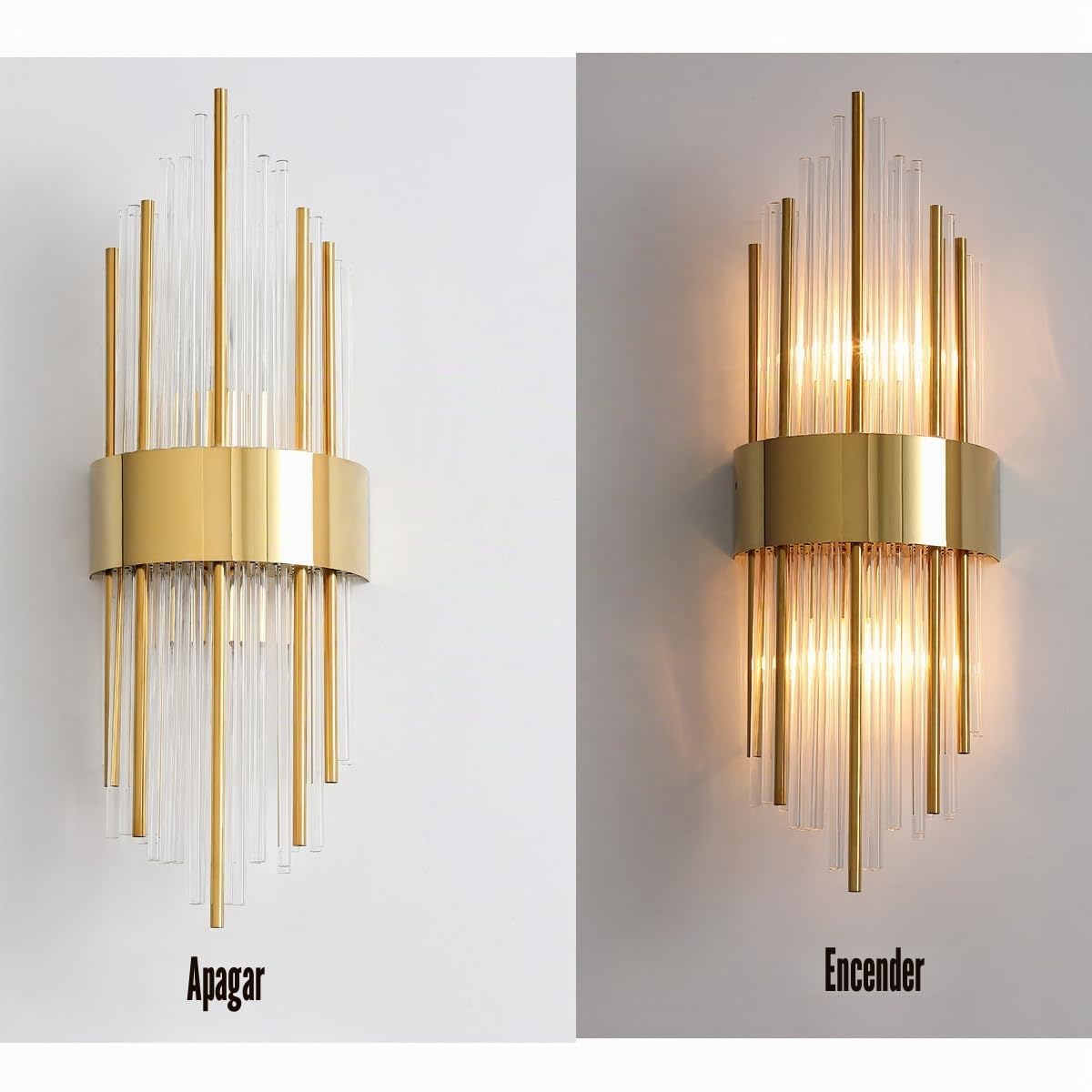 Moderno Aplique de Pared de Cristal con Base Dorada, Lámpara de Pared E14 para Interior (48cm)