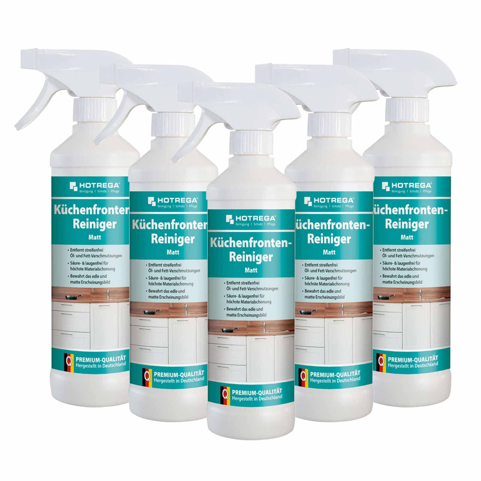 HOTREGA Küchenfronten Reiniger Matt | 5x 500 ml | Gegen Fingerabdrücke | Streifenfreie Pflege für matte Lack-, Folien- & Kunststoffoberflächen | Ohne Glanzbildung | Für Schwarz, Weiß & Grau