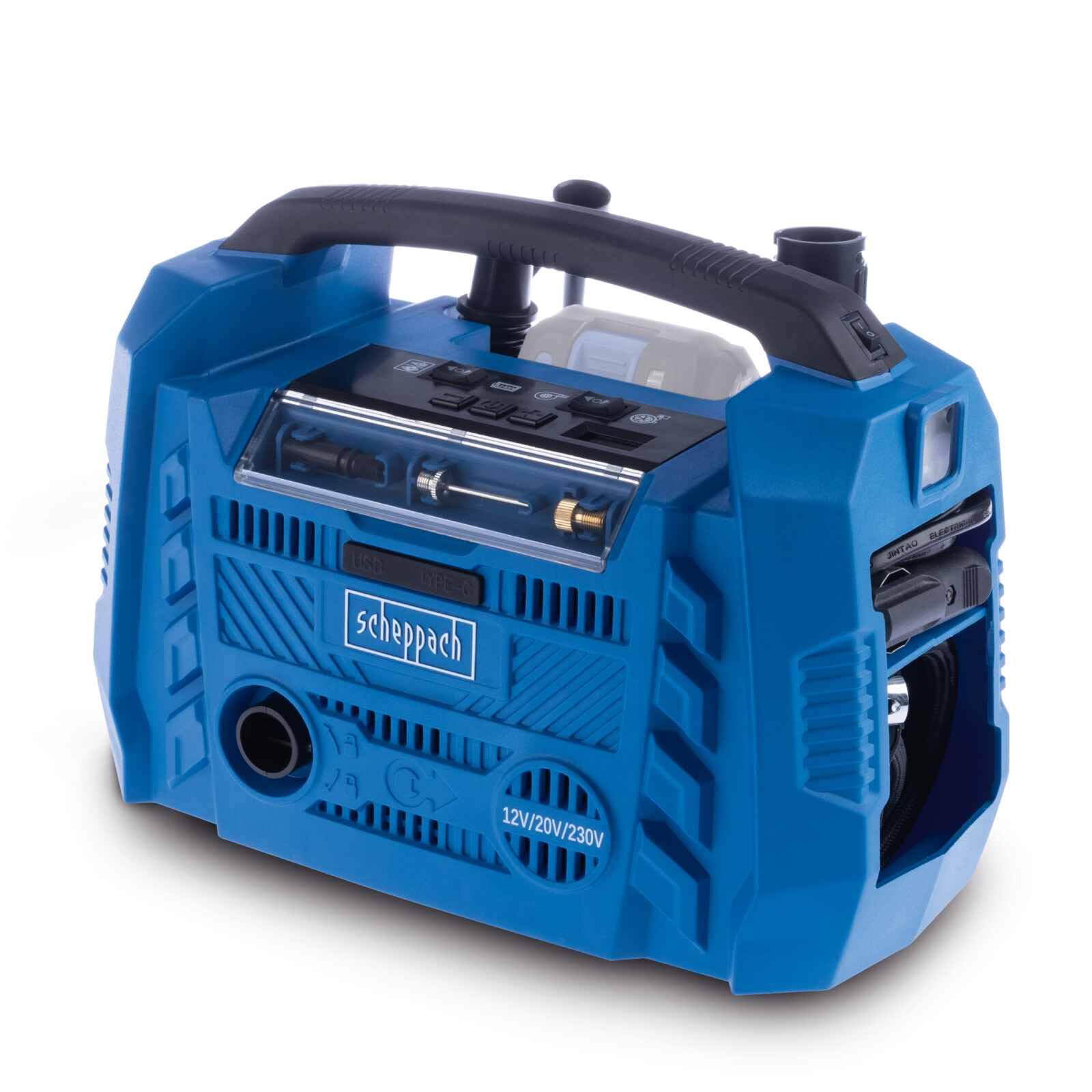 Scheppach Airforce 6 Portable Cordless Air Compressor, 20V, 10.3 Bar, Hybrid 230V/12V, USB-A & USB-C, IXES Series